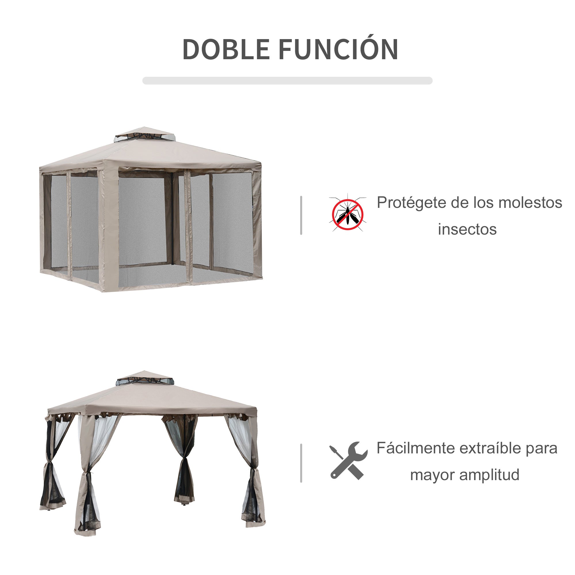 Outsunny Cenador de Jardín 3x3 m Pabellón de Exterior con Doble Techo de Ventilación 4 Cortinas Mosquiteras Laterales con Cremallera 8 Orificios de Drenaje Gazebo para Fiestas Patio Marrón Pardo