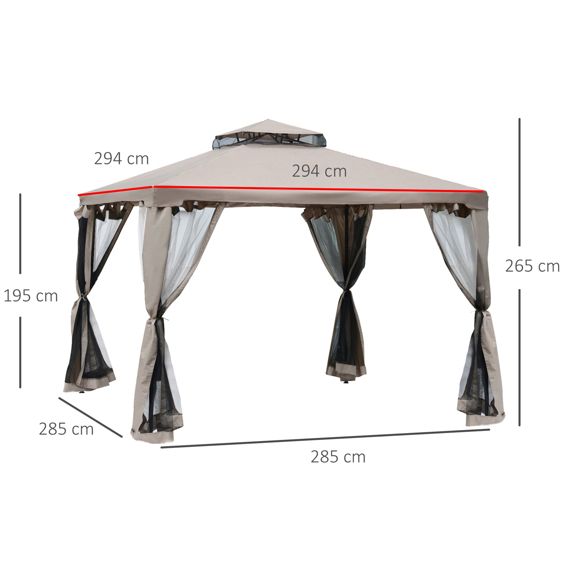 Outsunny Cenador de Jardín 3x3 m Pabellón de Exterior con Doble Techo de Ventilación 4 Cortinas Mosquiteras Laterales con Cremallera 8 Orificios de Drenaje Gazebo para Fiestas Patio Marrón Pardo