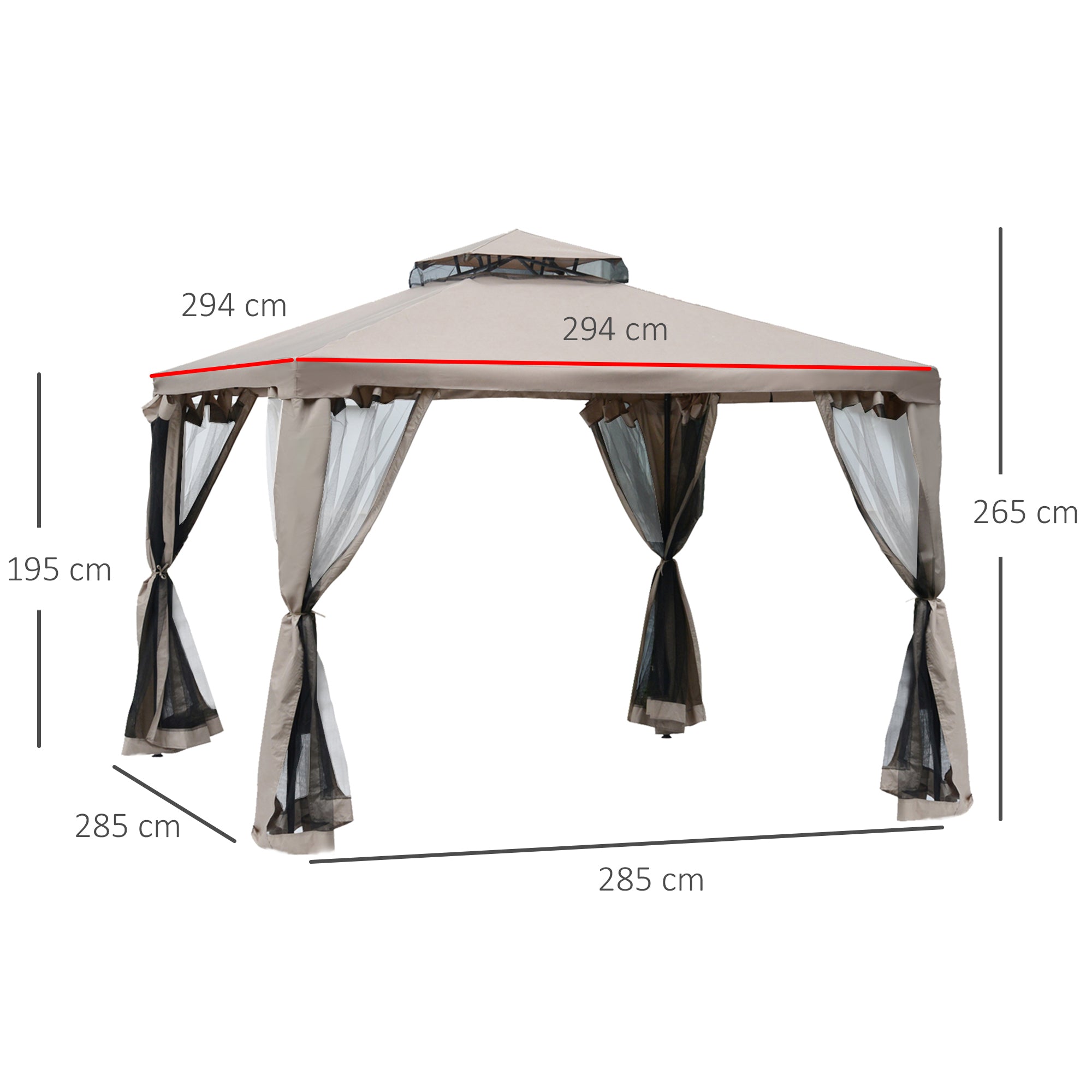 Outsunny Cenador de Jardín 3x3 m Pabellón de Exterior con Doble Techo de Ventilación 4 Cortinas Mosquiteras Laterales con Cremallera 8 Orificios de Drenaje Gazebo para Fiestas Patio Marrón Pardo