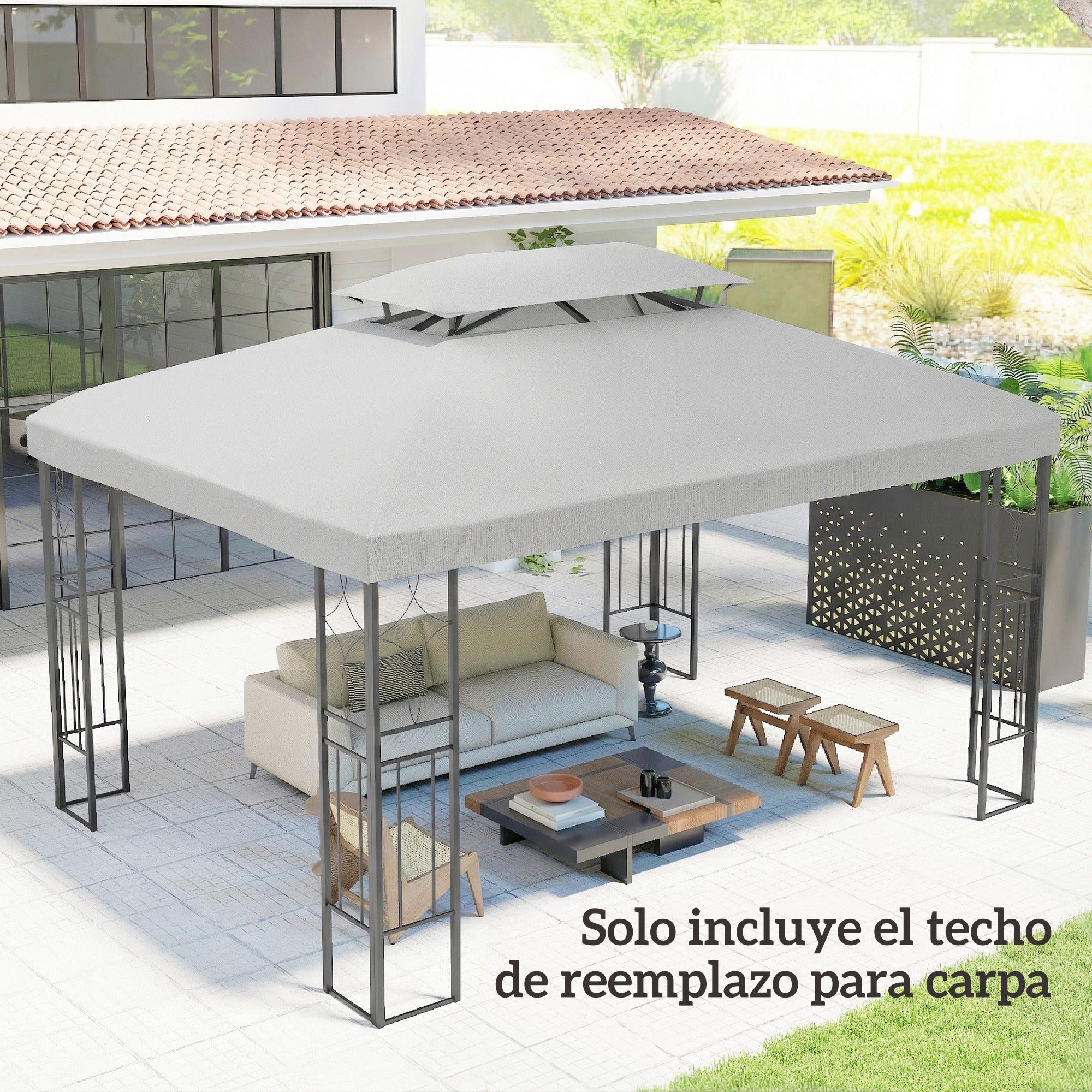Outsunny Techo de Repuesto para Cenador, 4x3 m, Cubierta de Repuesto con Techo Doble, 10 Orificios de Drenaje y Protección UV, SOLO Toldo de Recambio para Pabellón Gazebo, Gris Claro