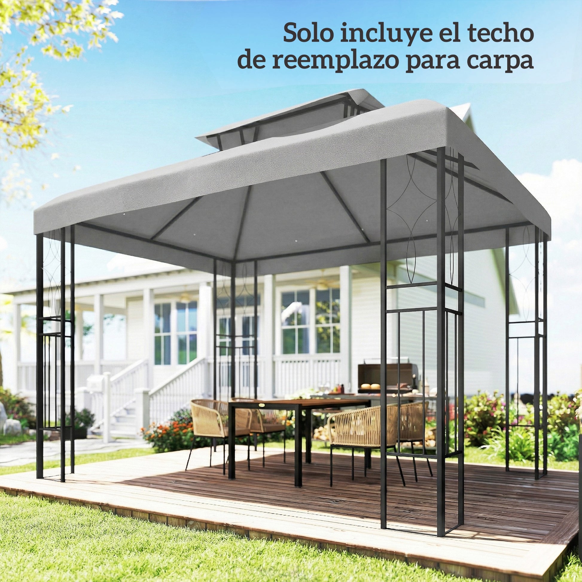 Outsunny Techo de Repuesto para Cenador, 4x3 m, Cubierta de Repuesto con Techo Doble, 10 Orificios de Drenaje y Protección UV, SOLO Toldo de Recambio para Pabellón Gazebo, Gris Claro
