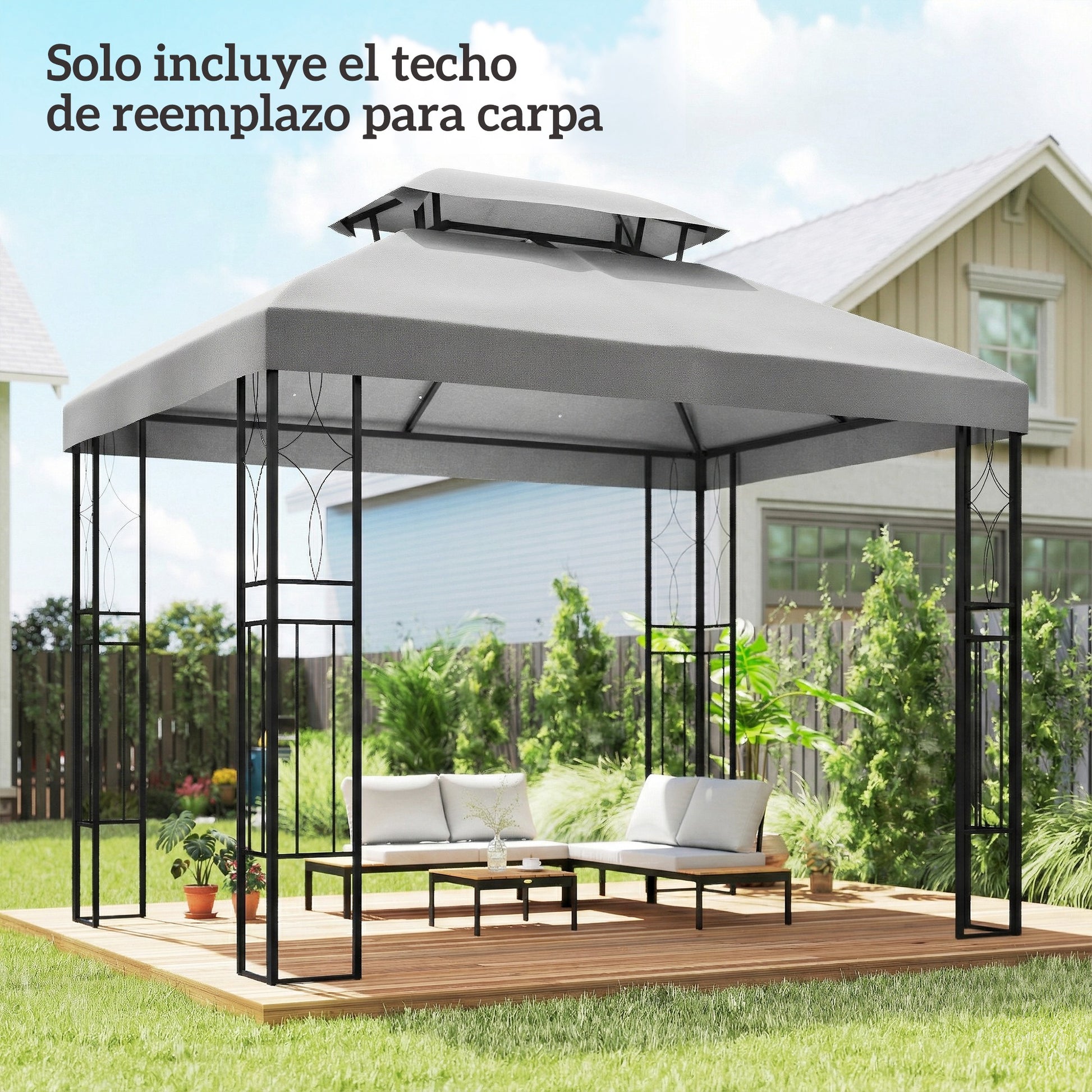 Outsunny Techo de Repuesto para Cenador, 4x3 m, Cubierta de Repuesto con Techo Doble, 10 Orificios de Drenaje y Protección UV, SOLO Toldo de Recambio para Pabellón Gazebo, Gris Claro