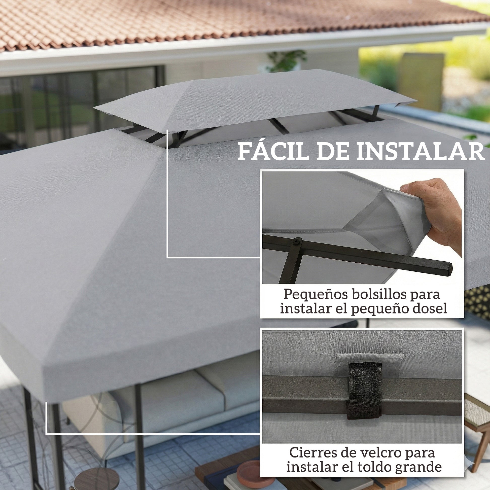Outsunny Techo de Repuesto para Cenador, 4x3 m, Cubierta de Repuesto con Techo Doble, 10 Orificios de Drenaje y Protección UV, SOLO Toldo de Recambio para Pabellón Gazebo, Gris Claro