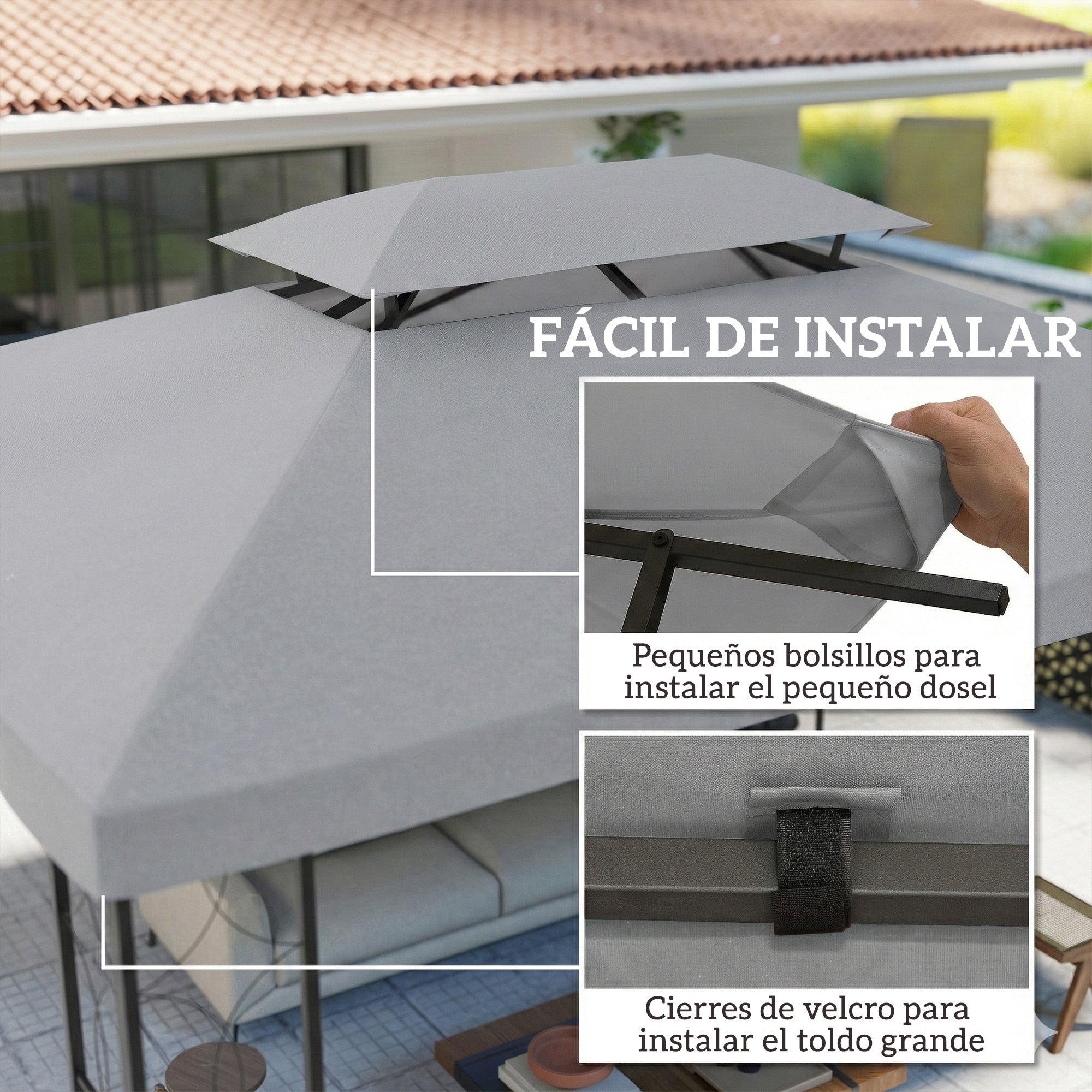 Outsunny Techo de Repuesto para Cenador, 4x3 m, Cubierta de Repuesto con Techo Doble, 10 Orificios de Drenaje y Protección UV, SOLO Toldo de Recambio para Pabellón Gazebo, Gris Claro