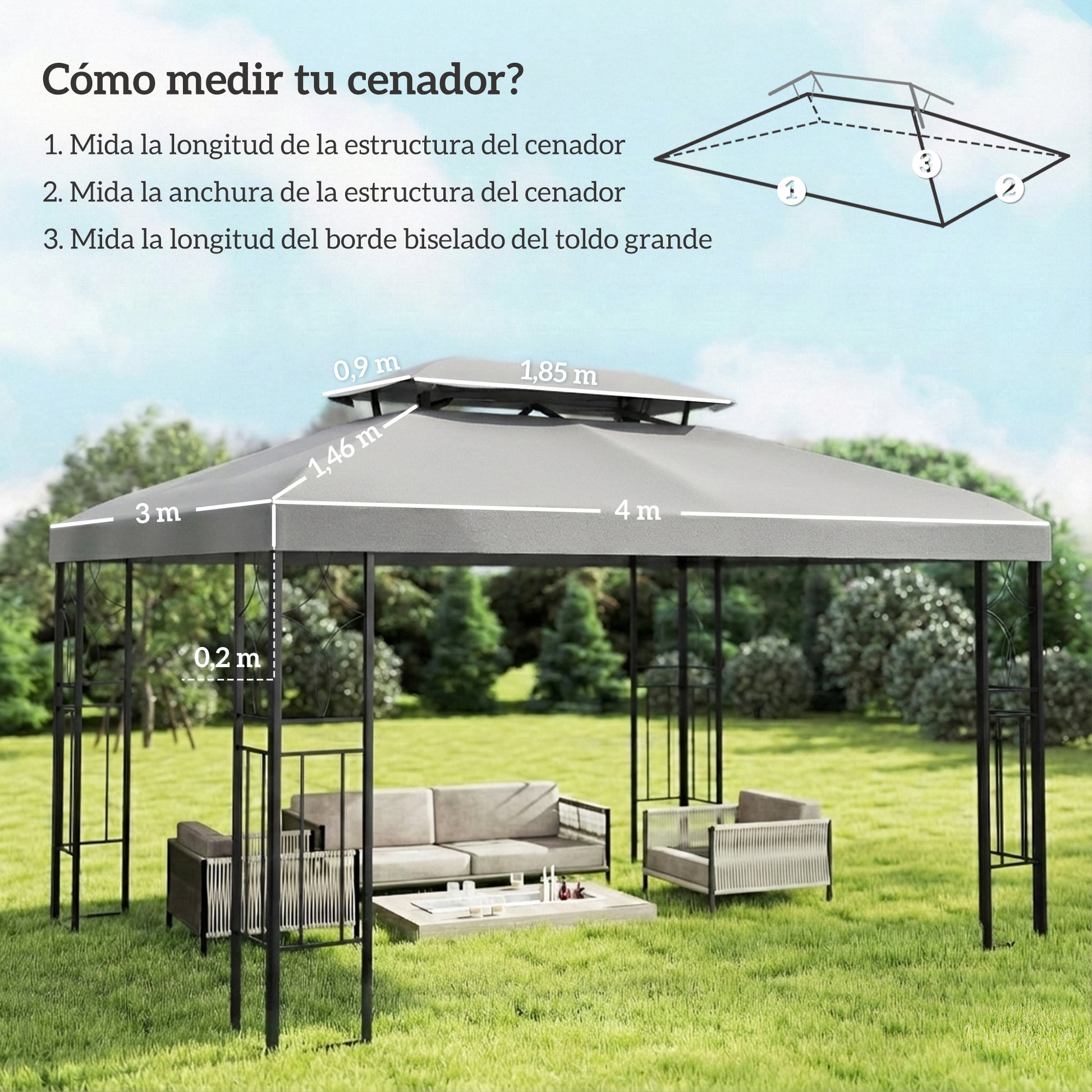 Outsunny Techo de Repuesto para Cenador, 4x3 m, Cubierta de Repuesto con Techo Doble, 10 Orificios de Drenaje y Protección UV, SOLO Toldo de Recambio para Pabellón Gazebo, Gris Claro