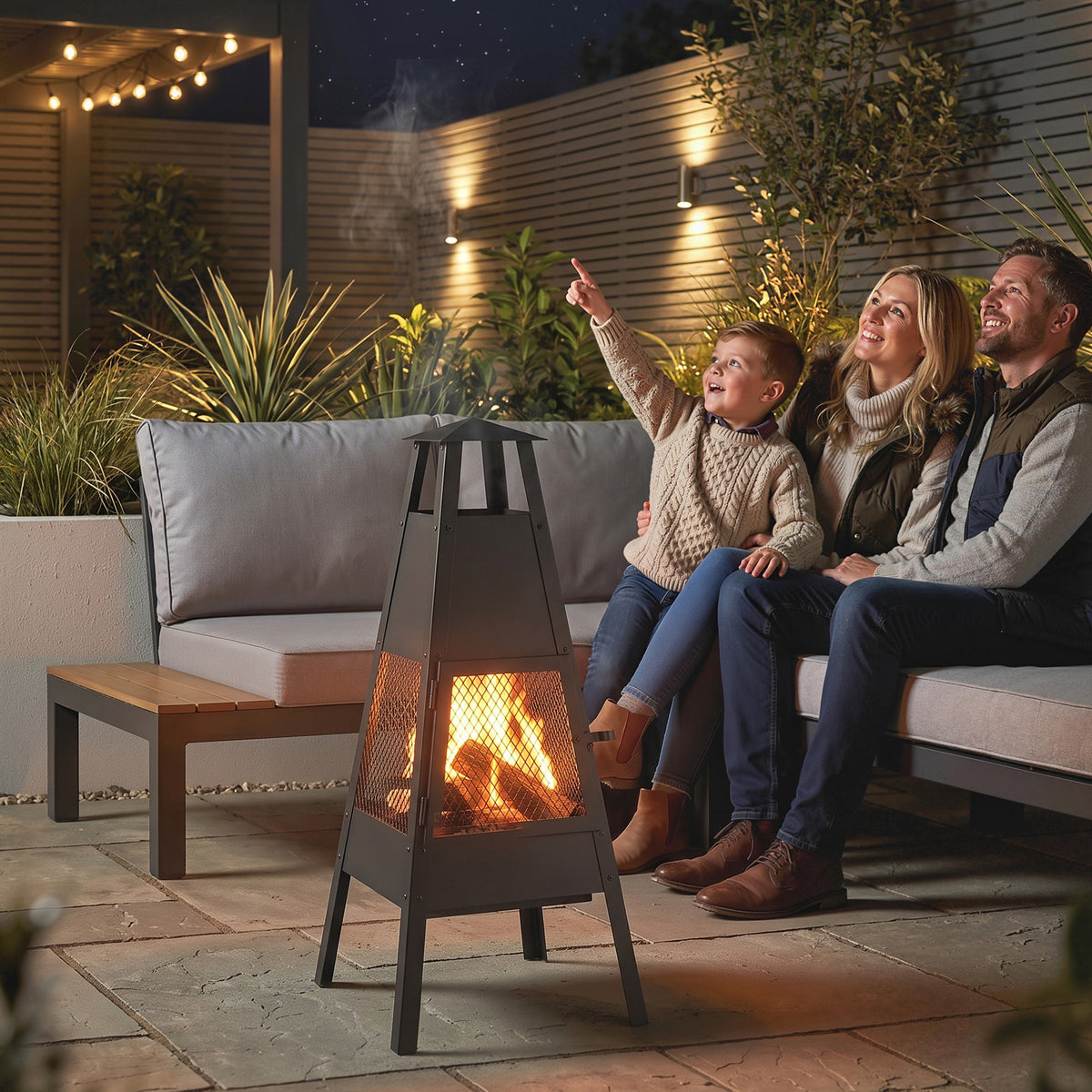 Outsunny Brasero Exterior con Chimenea Cónica, 41x40,5x97 cm, Brasero Exterior Jardín de Acero al Carbono con Malla Protectora, para Patio, Terraza, Camping, Fiesta, Negro