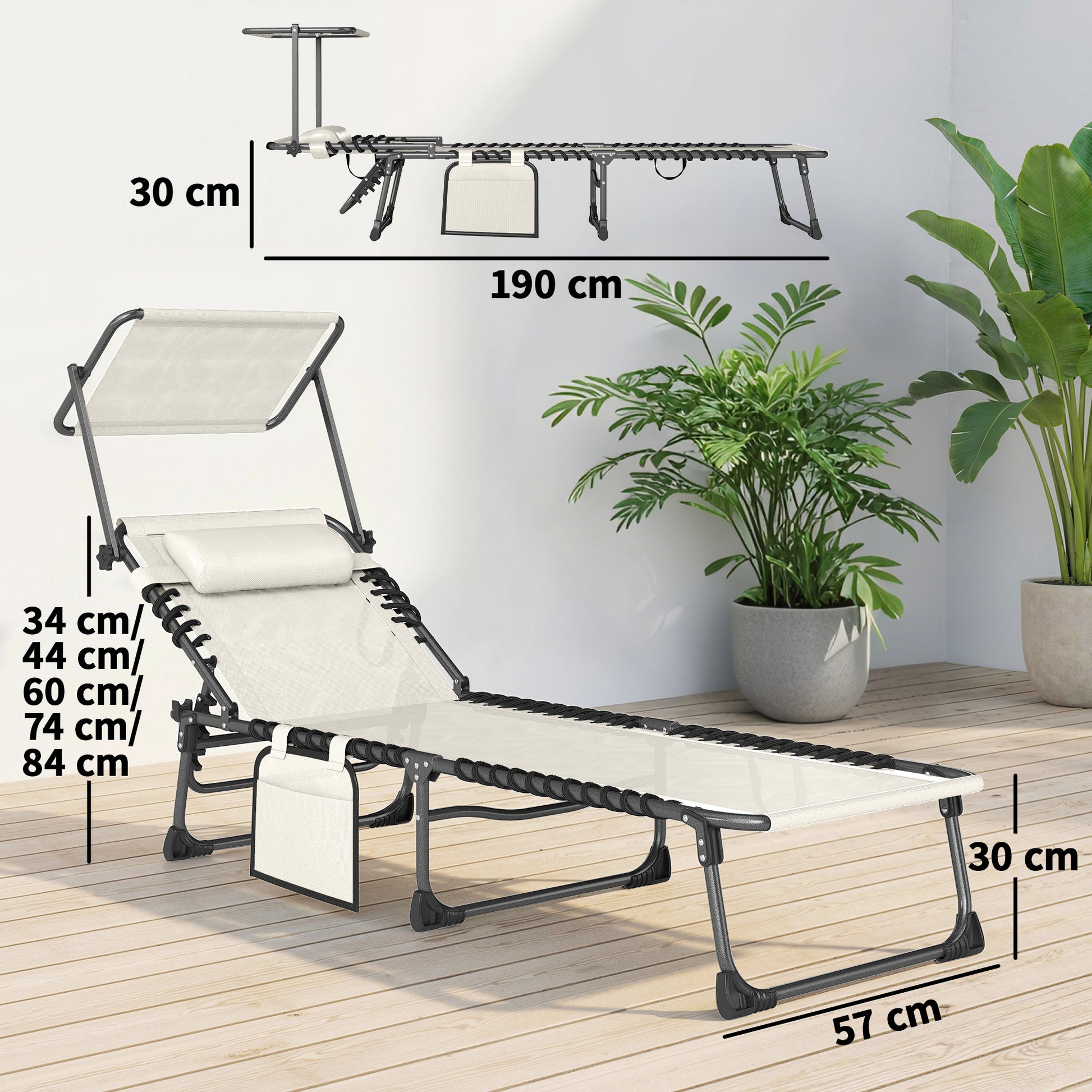 Outsunny Set de 2 Tumbonas Jardín Exterior, Tumbonas Plegables con Reposacabezas, Parasol y Bolsillo Lateral, Respaldo Reclinable 5 Posiciones y Asiento Malla Transpirable para Playa, Piscina, Crema