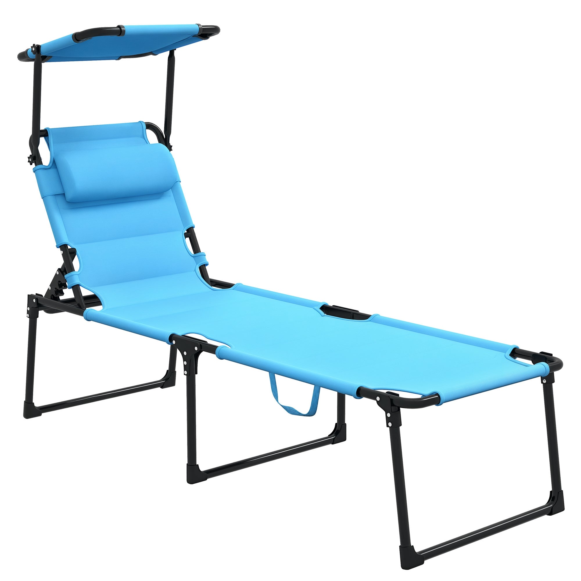 Outsunny Tumbona Plegable, Tumbona Jardín Exterior con Toldo Ajustable, Respaldo Regulable en 4 Niveles, Reposacabezas, Cojín Grueso, para Terraza, Piscina, 70x200x45 cm, Azul Claro