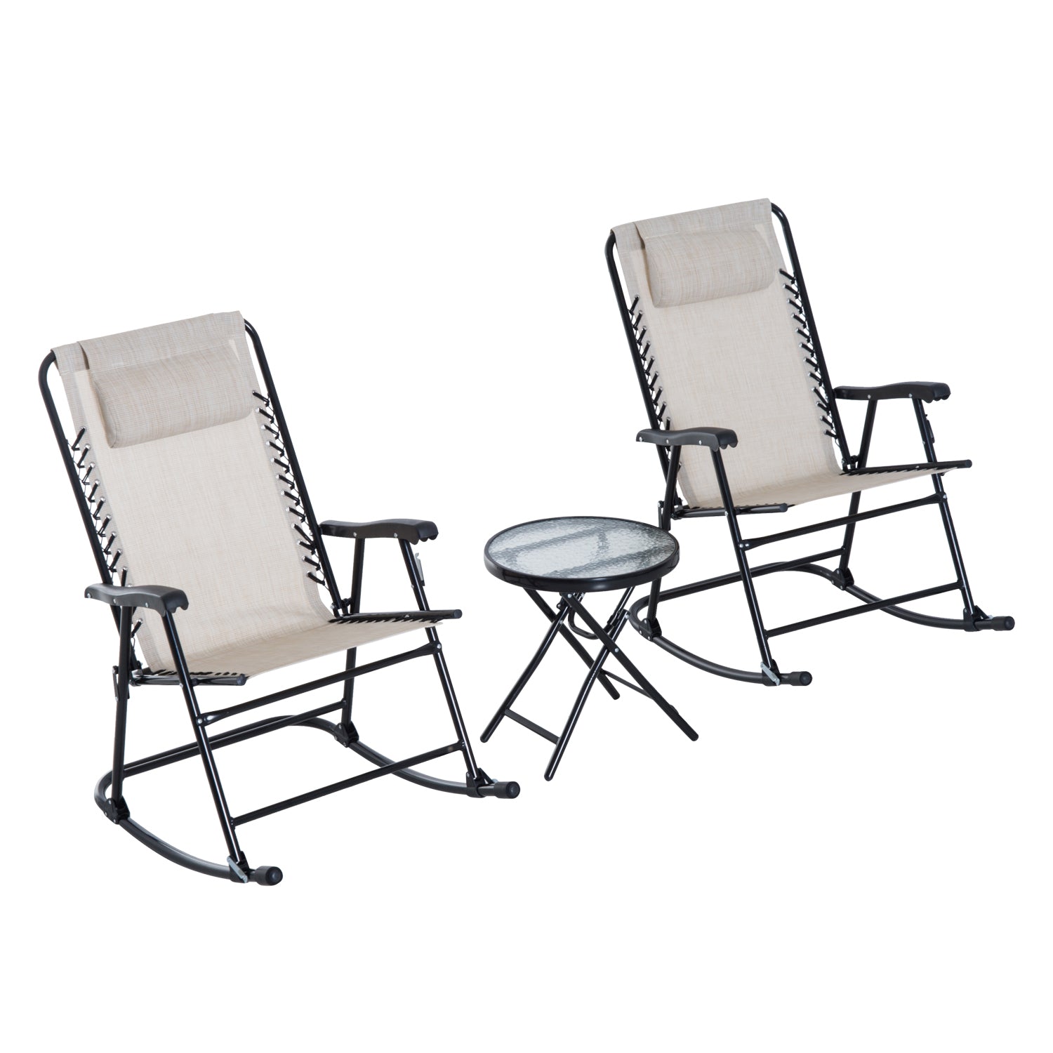 Outsunny Set de Muebles de Jardín Mesa Redonda Ø46x49 cm y 2 Sillas Mecedoras 68x90x106 cm Plegables con Bloqueo para Exterior Patio Beige