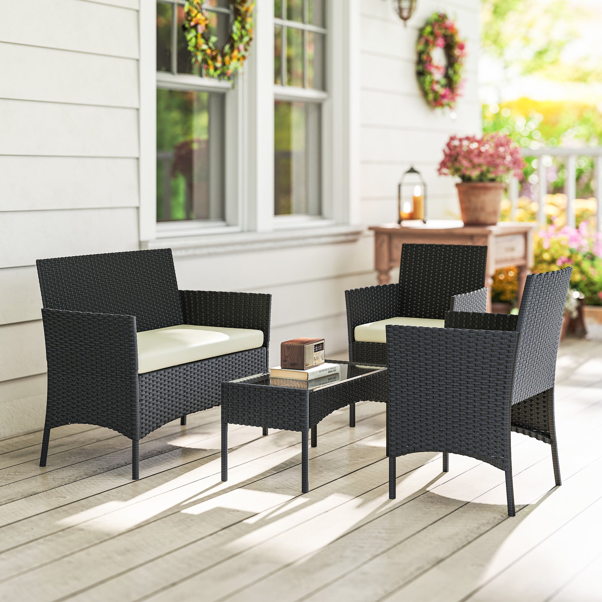 Outsunny Conjunto Jardín Exterior de Ratán con Cojines Conjunto Terraza Resistente a la Intemperie Muebles Jardín Exterior con 2 Sillones Sofá de 2 Plazas Mesa con Cristal Negro y Crema