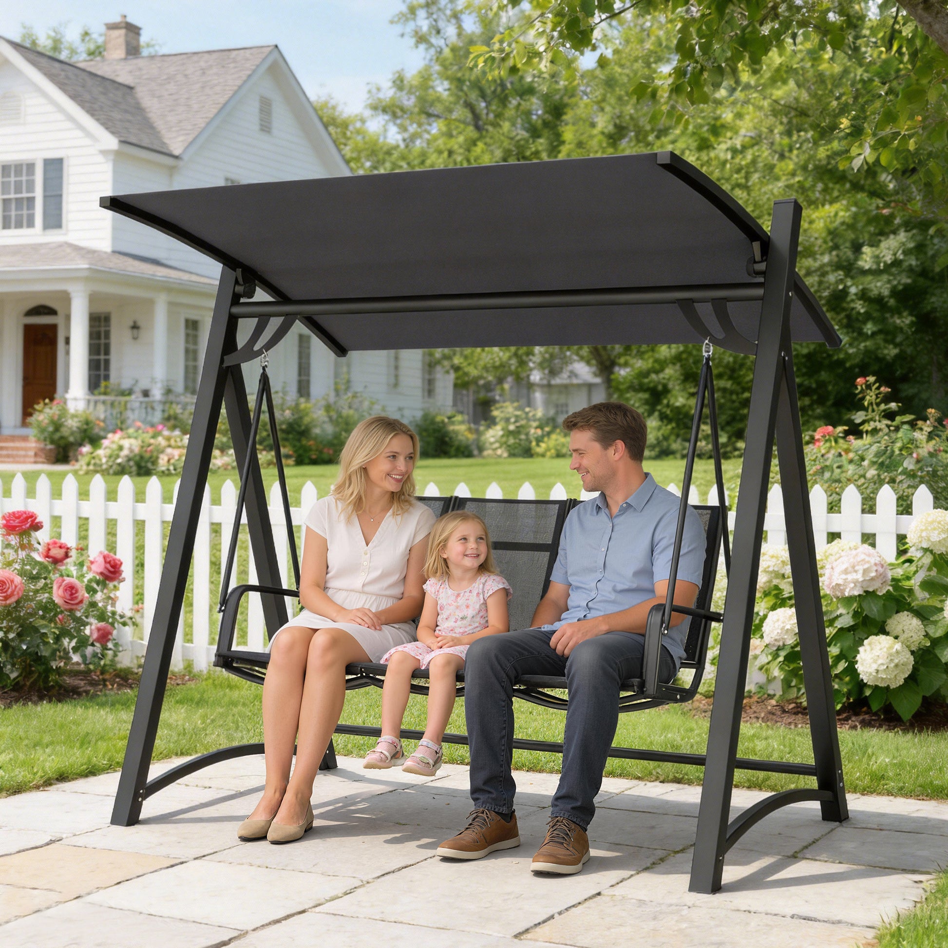 Outsunny Columpio de Jardín de 3 Plazas, Balancín de Jardín Exterior con Techo Ajustable, UPF50+, Asiento Transpirable y Marco de Metal, para Patio, Terraza, Carga 360 kg, 188x130x183 cm, Gris