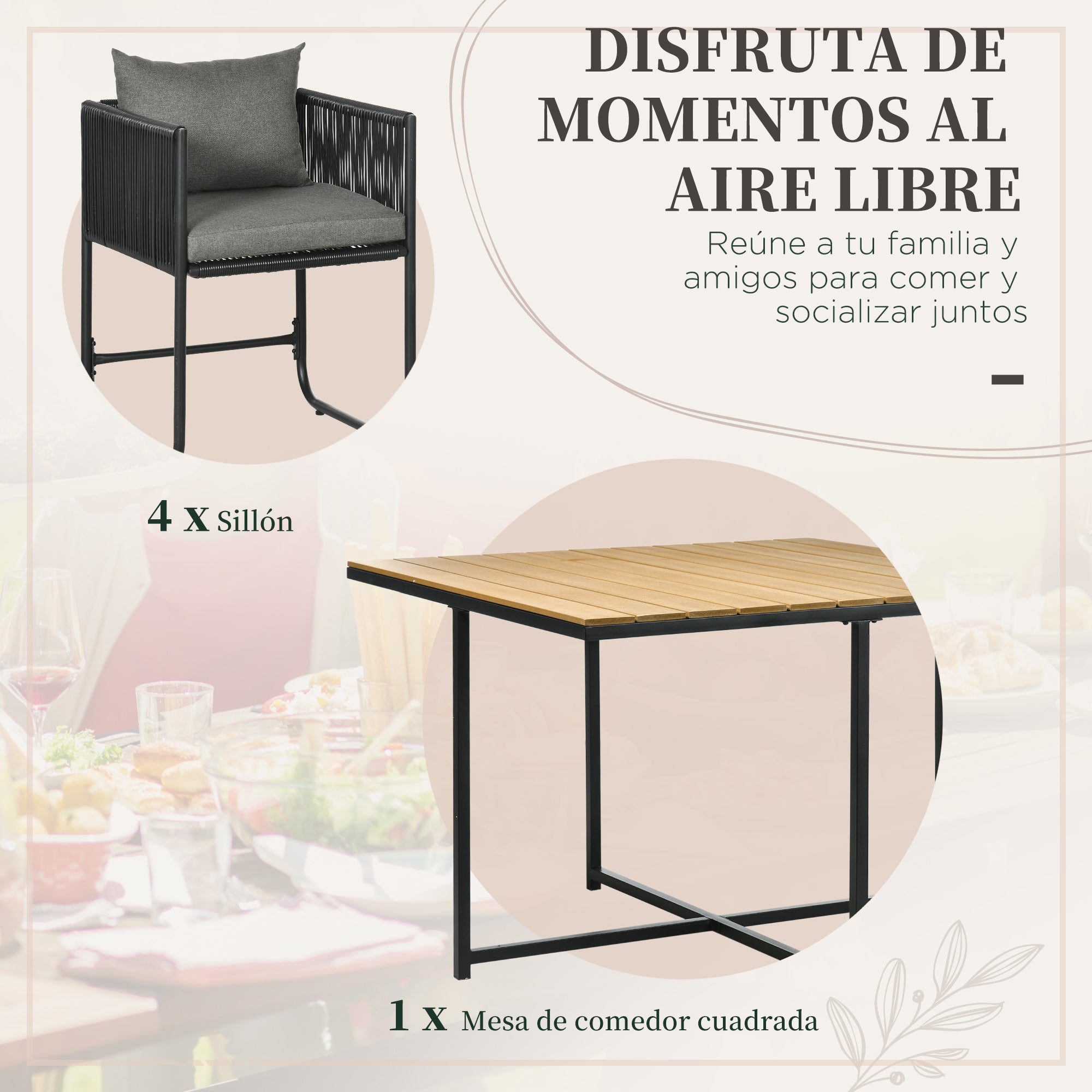 Outsunny Conjunto de Jardín Exterior de Ratán Sintético Juego de Muebles de Jardín para Exterior de Ratán de 5 Piezas con Mesa Cuadrada 4 Sillas Cojines Negro y Natural