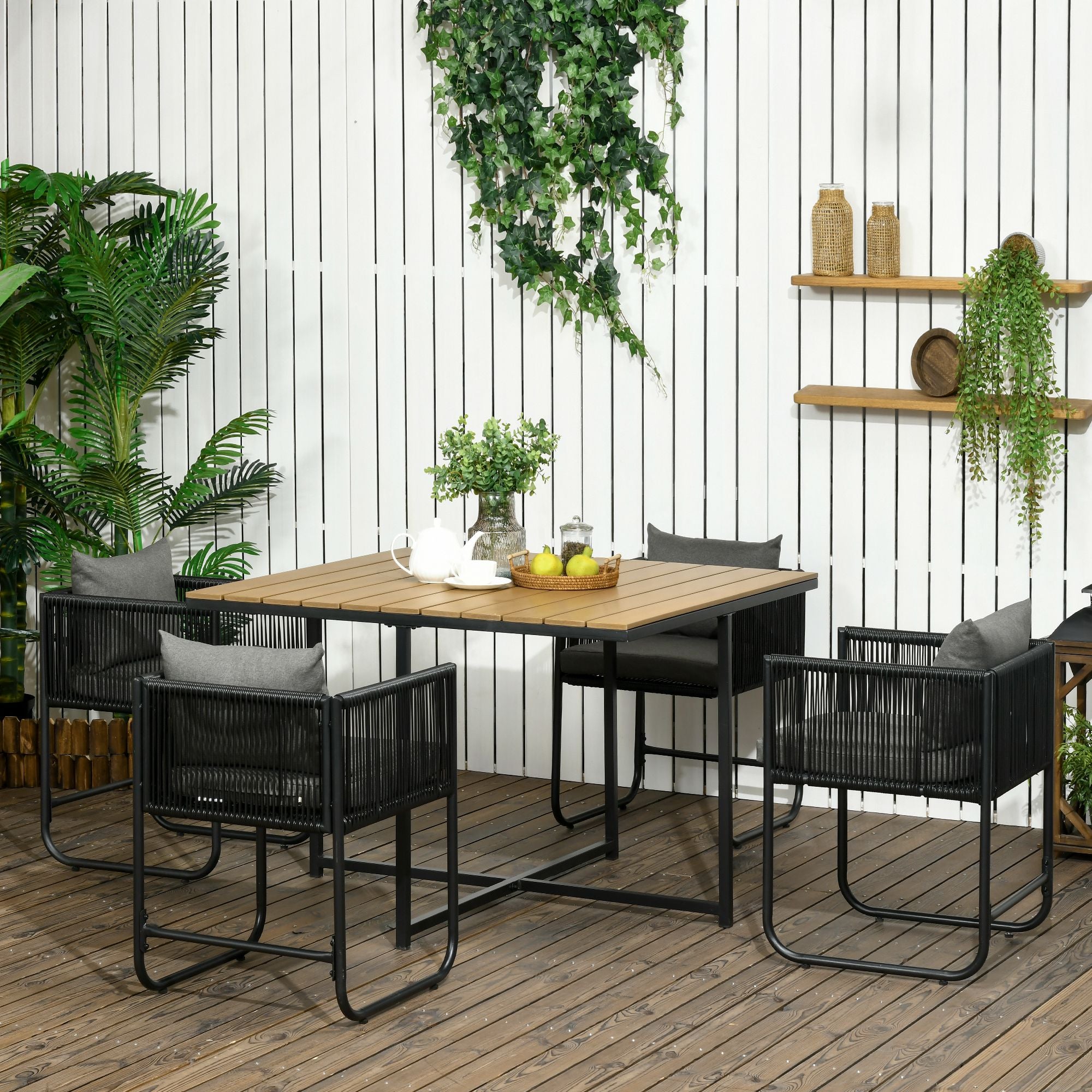 Outsunny Conjunto de Jardín Exterior de Ratán Sintético Juego de Muebles de Jardín para Exterior de Ratán de 5 Piezas con Mesa Cuadrada 4 Sillas Cojines Negro y Natural
