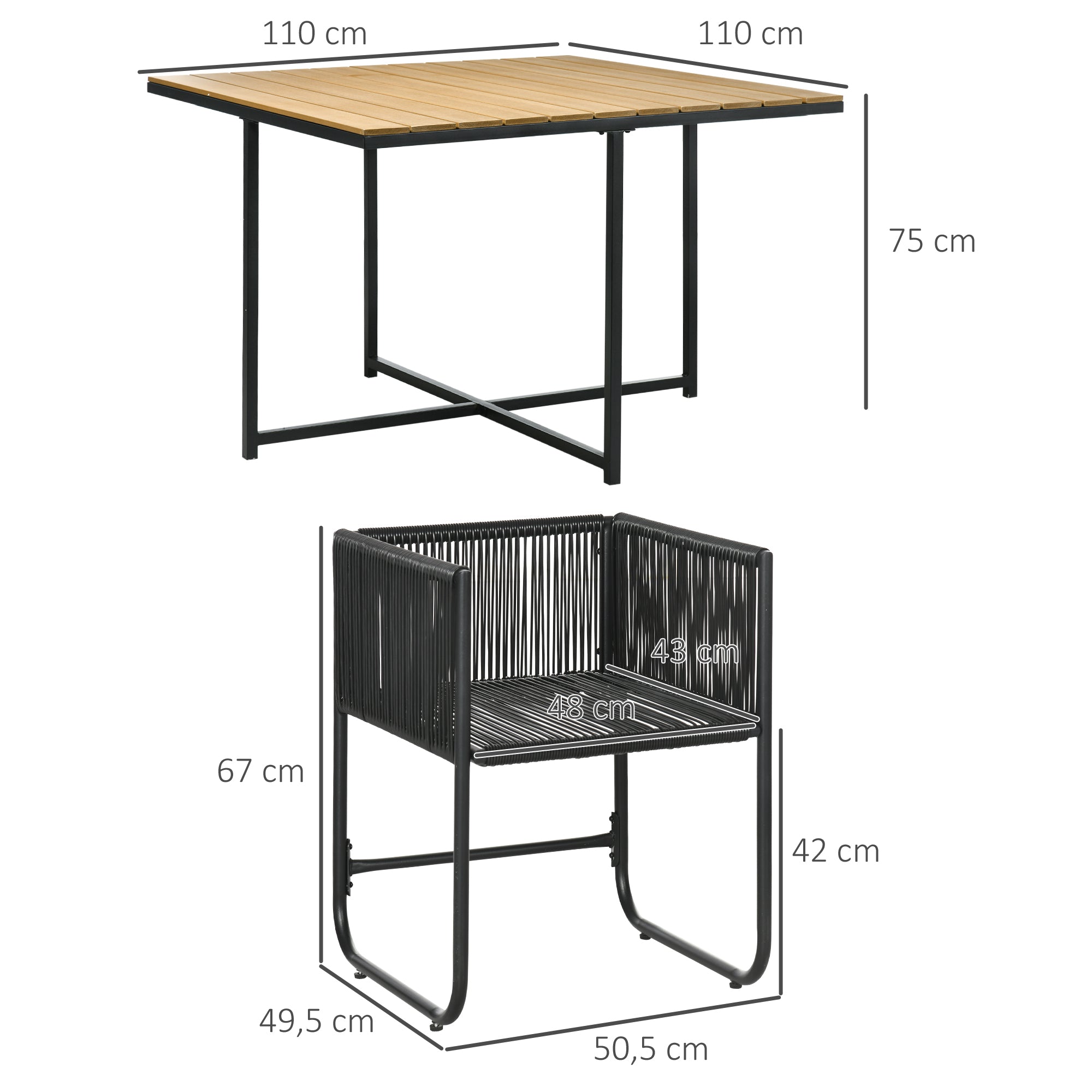 Outsunny Conjunto de Jardín Exterior de Ratán Sintético Juego de Muebles de Jardín para Exterior de Ratán de 5 Piezas con Mesa Cuadrada 4 Sillas Cojines Negro y Natural