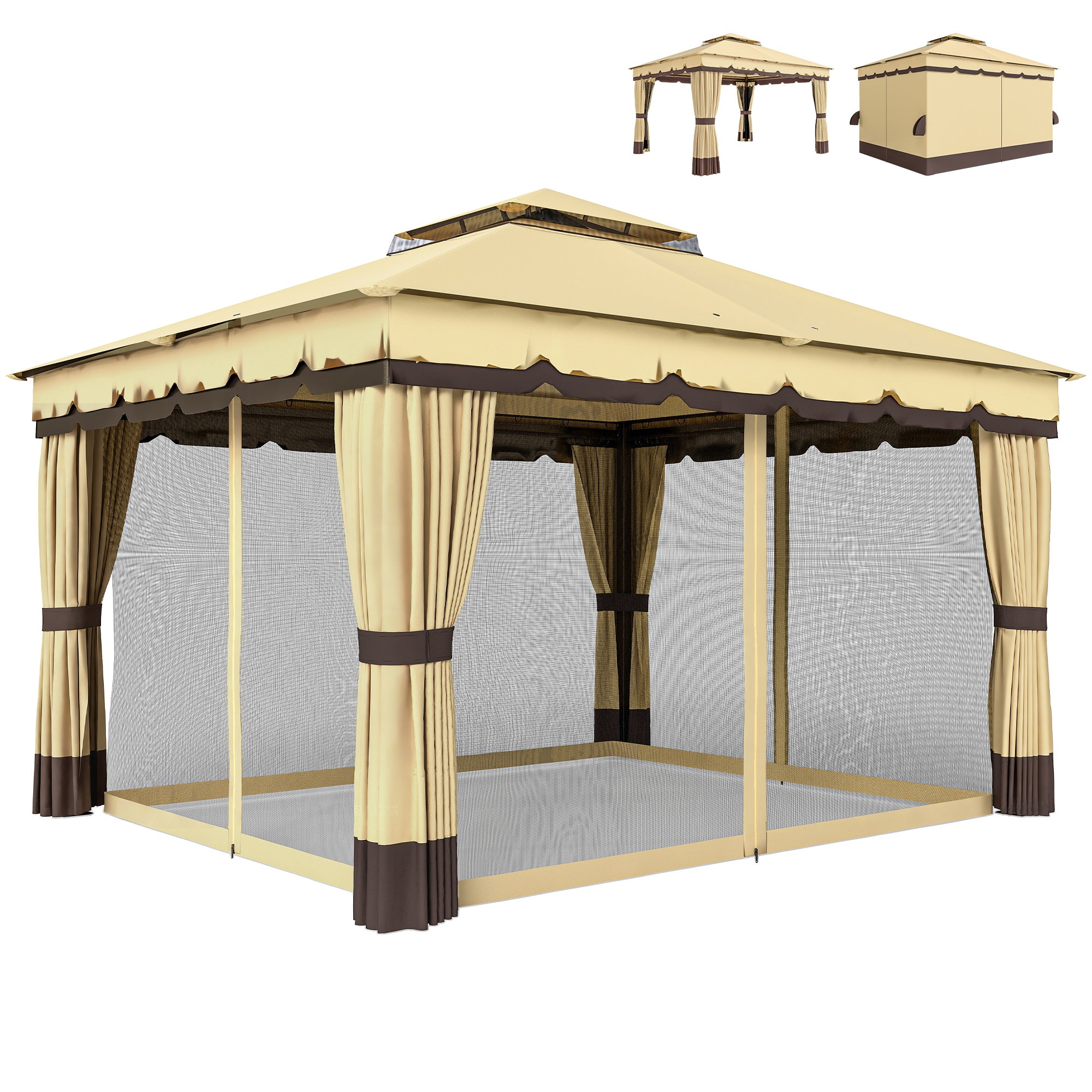 Outsunny Cenador de Jardín 3,7x3 m, Pabellón de Jardín Gazebo con Doble Techo, 4 Cortinas y Mosquitera, Marco de Acero, Orificios de Drenaje, UV30+, para Exterior, Terraza, Patio, Beige