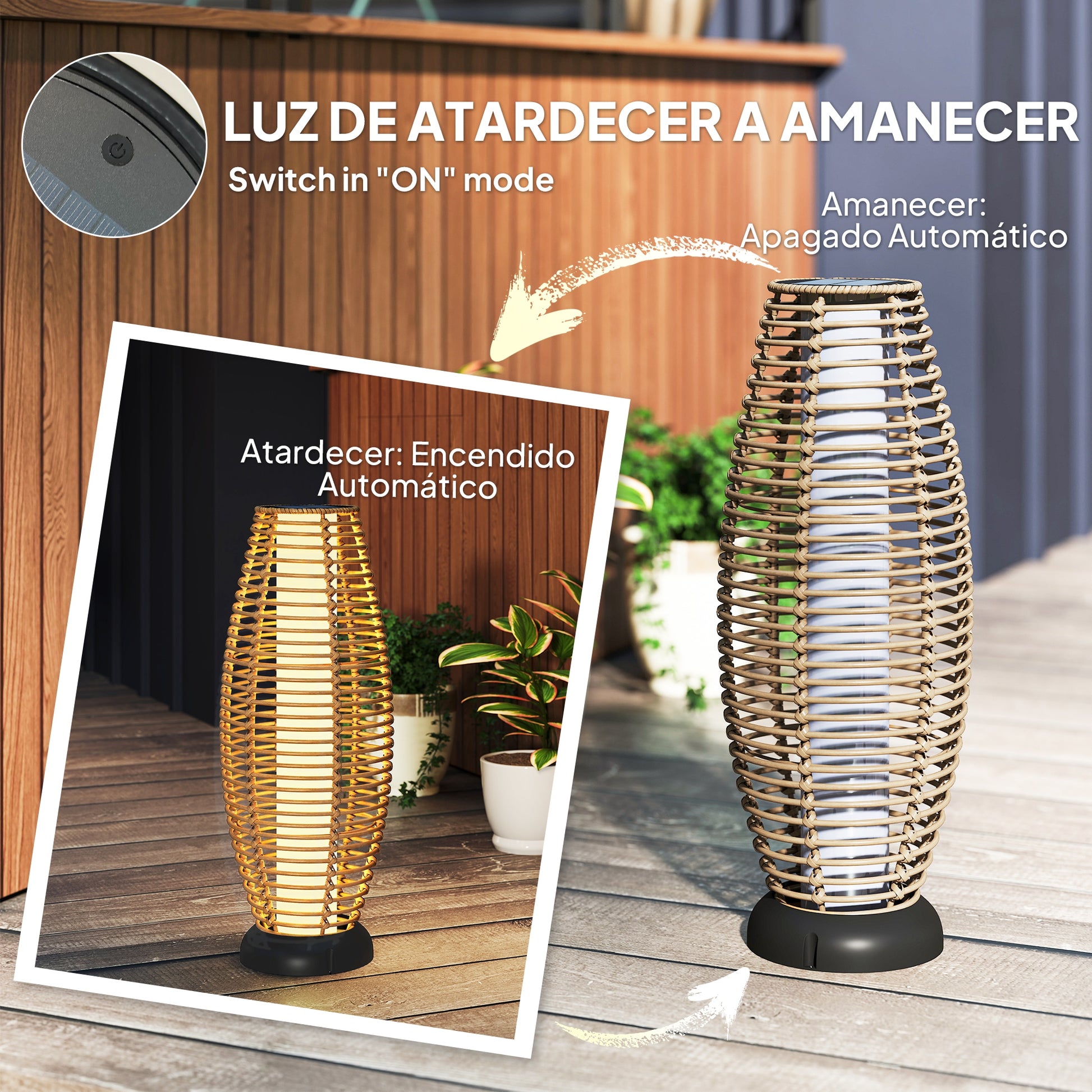 Outsunny Linterna de Jardín de Ratán Sintético Farola Solar Exterior con Luces LED Encendido y Apagado Automático Impermeable para Terraza Balcón Patio Ø26x72 cm Natural
