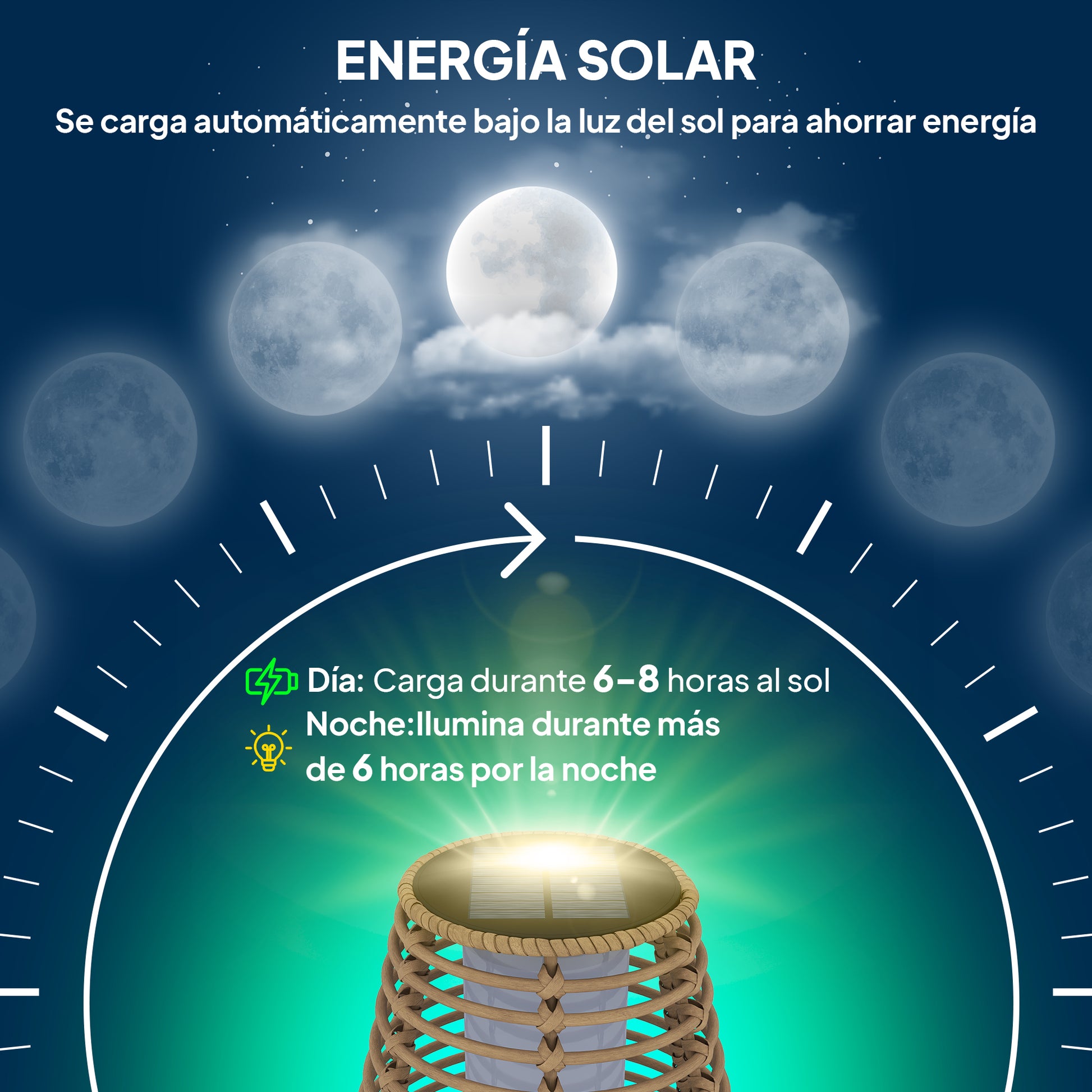Outsunny Linterna de Jardín de Ratán Sintético Farola Solar Exterior con Luces LED Encendido y Apagado Automático Impermeable para Terraza Balcón Patio Ø26x72 cm Natural