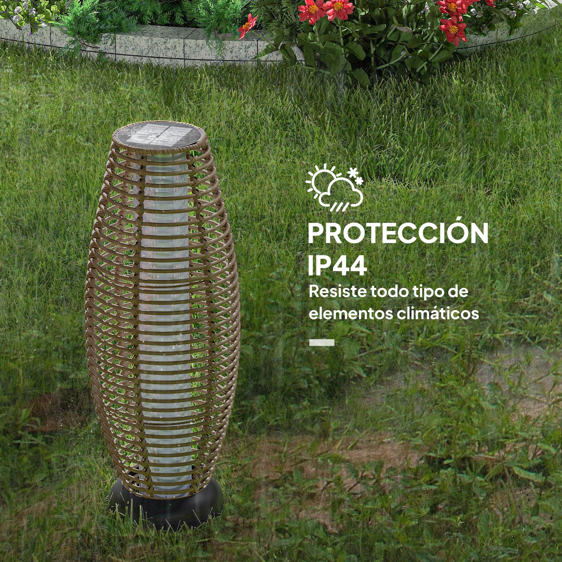 Outsunny Linterna de Jardín de Ratán Sintético Farola Solar Exterior con Luces LED Encendido y Apagado Automático Impermeable para Terraza Balcón Patio Ø26x72 cm Natural