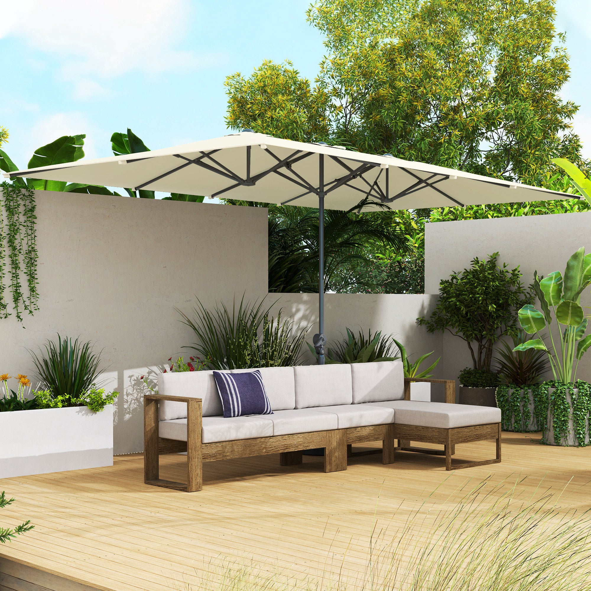 Outsunny Sombrilla Doble 4,5x2,6 m Sombrilla Terraza Exterior con Manivela Poste de Aluminio Impermeable y Protección UV50+ Parasol Grande para Terraza Playa Piscina Crema