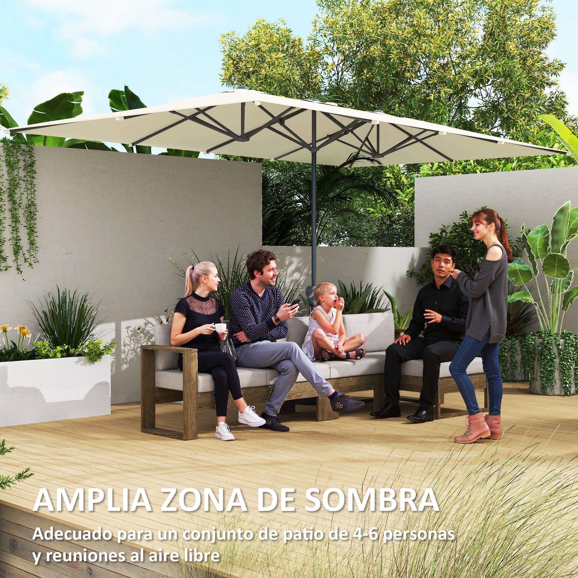 Outsunny Sombrilla Doble 4,5x2,6 m Sombrilla Terraza Exterior con Manivela Poste de Aluminio Impermeable y Protección UV50+ Parasol Grande para Terraza Playa Piscina Crema