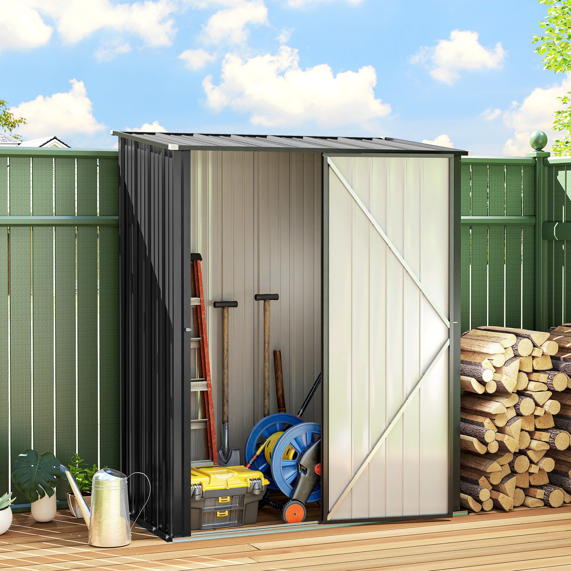 Outsunny Cobertizo de Jardín Exterior 1,34 m² 161,5x94,5x196 cm Caseta de Jardín Exterior Metálica con 1 Puerta y Cerradura para Almacenamiento de Herramientas para Patio Terraza Negro Carbón