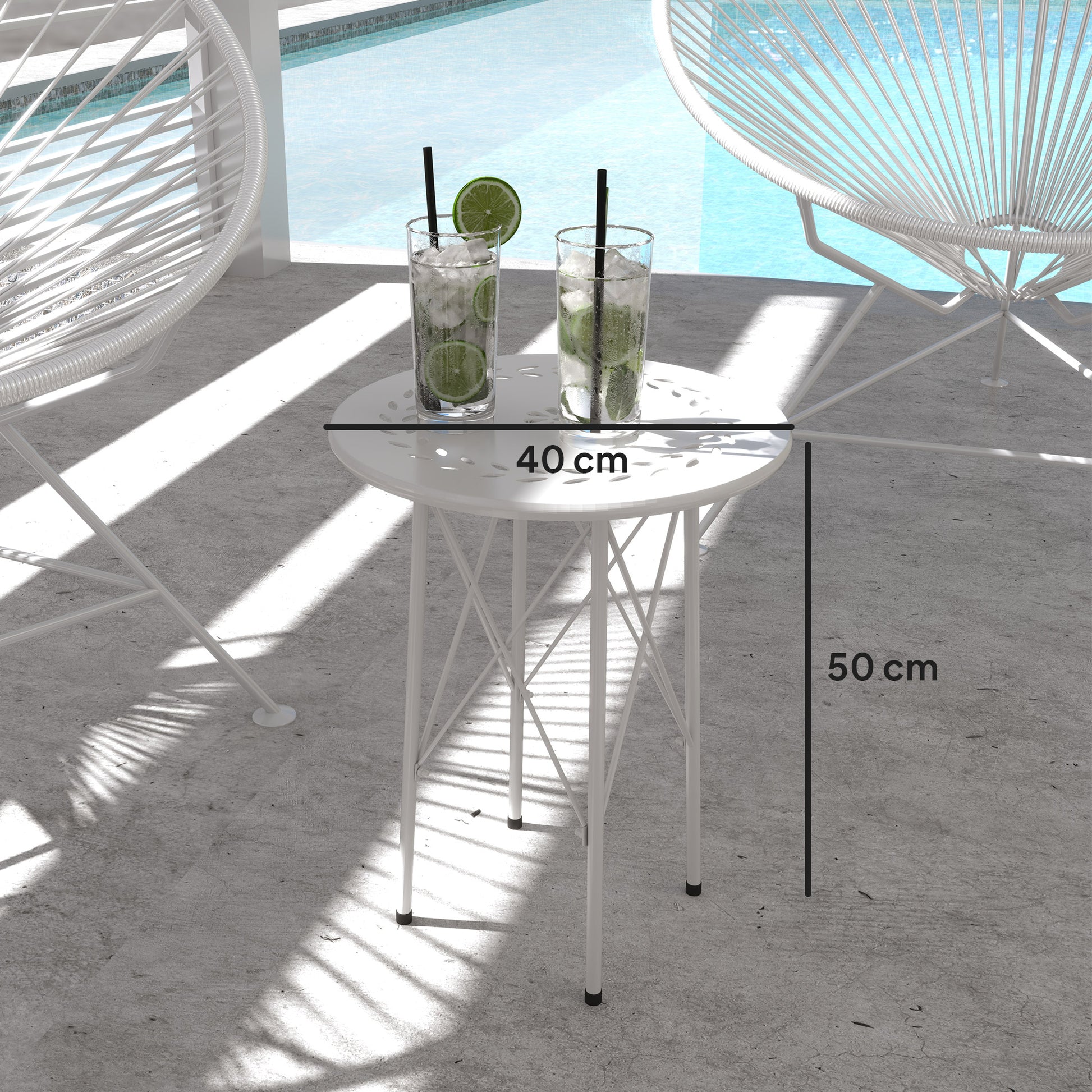 Outsunny Mesa de Jardín Redonda Mesa de Terraza Exterior Ø40x50 cm con Patas Ajustables y Estructura en Forma de X Mesa para Exterior e Interior Blanco