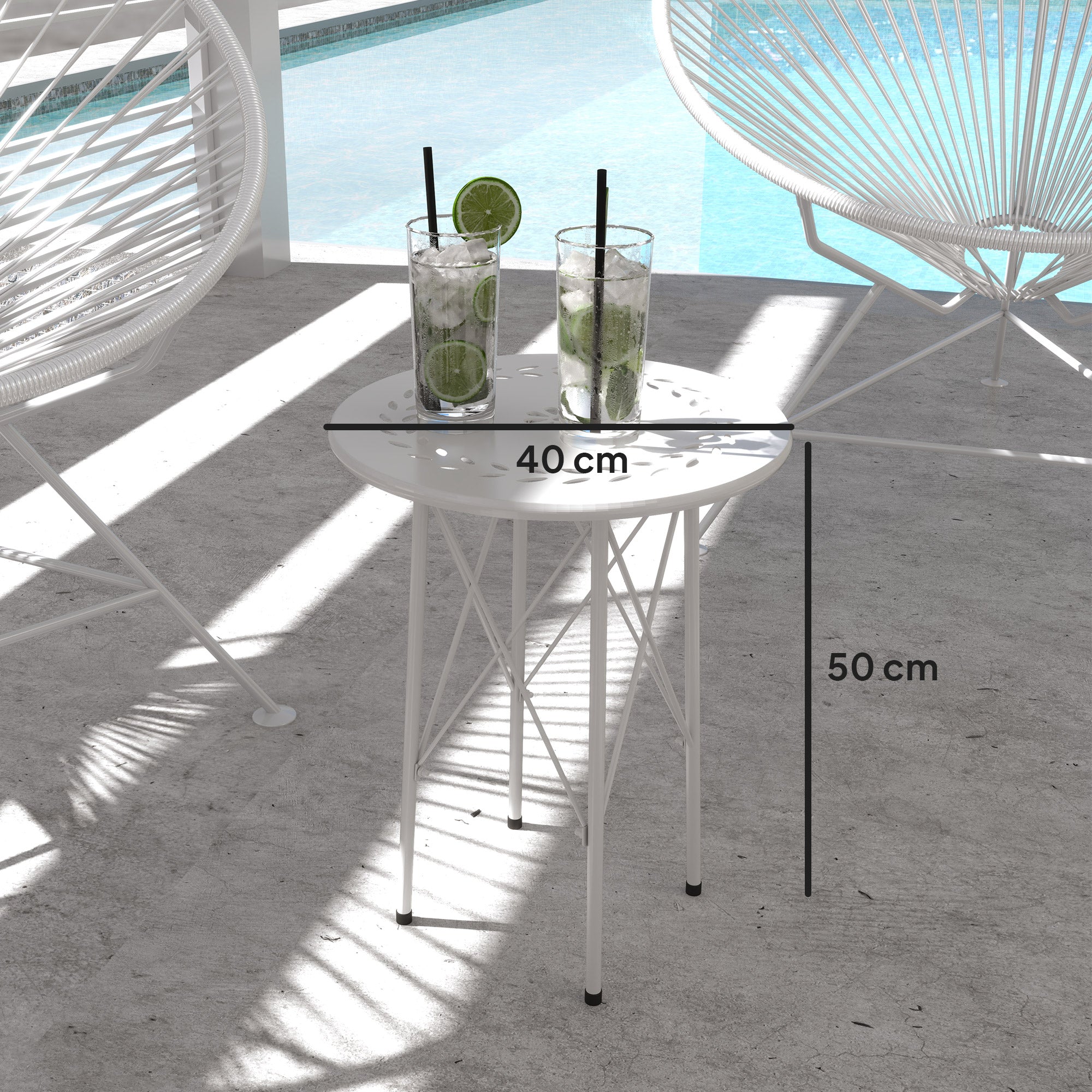 Outsunny Mesa de Jardín Redonda Mesa de Terraza Exterior Ø40x50 cm con Patas Ajustables y Estructura en Forma de X Mesa para Exterior e Interior Blanco