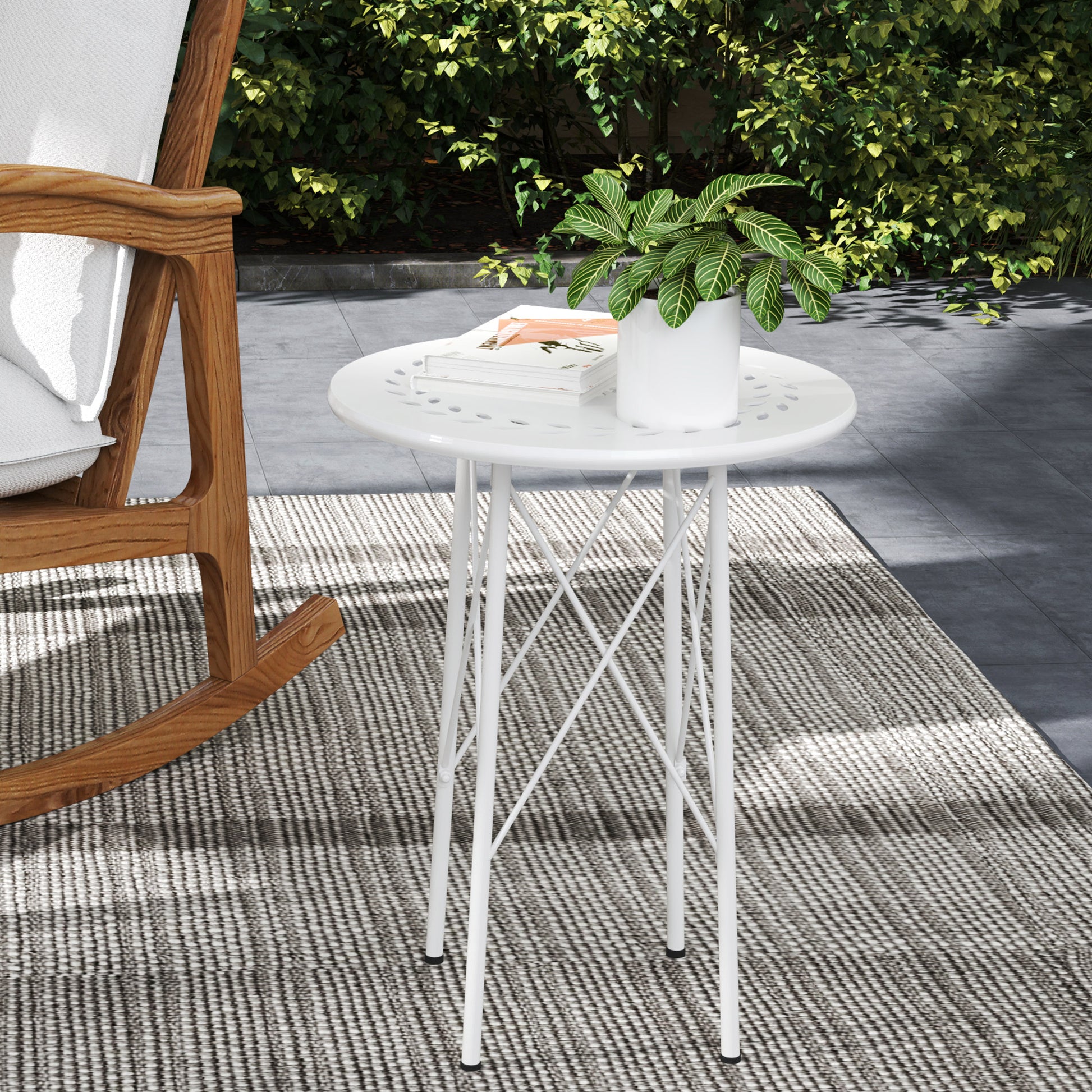 Outsunny Mesa de Jardín Redonda Mesa de Terraza Exterior Ø40x50 cm con Patas Ajustables y Estructura en Forma de X Mesa para Exterior e Interior Blanco