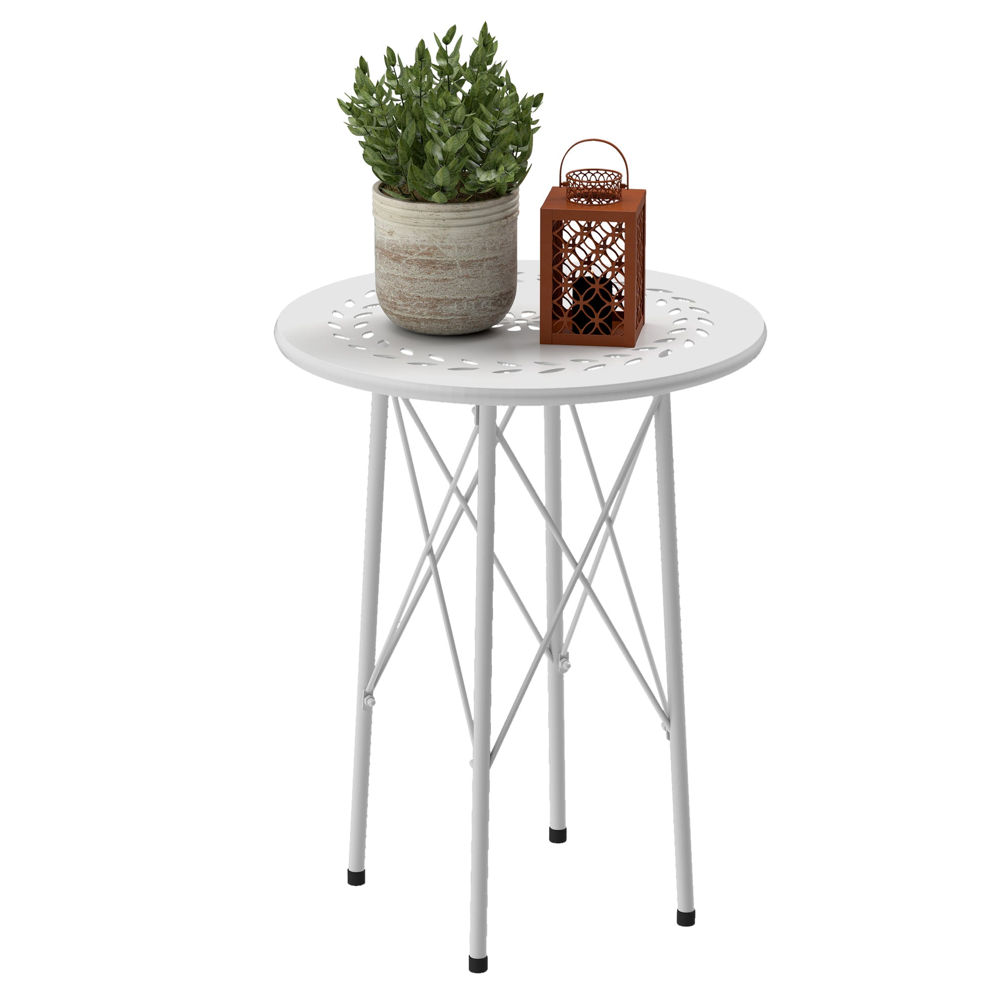 Outsunny Mesa de Jardín Redonda Mesa de Terraza Exterior Ø40x50 cm con Patas Ajustables y Estructura en Forma de X Mesa para Exterior e Interior Blanco