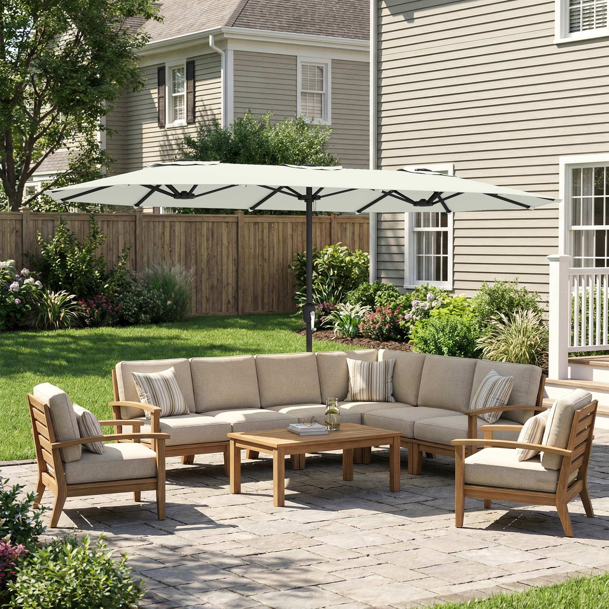 Outsunny Sombrilla Doble 4,6x2,6 m, Sombrilla Terraza Exterior con Manivela Manual, Protección UV50+, Funda Protectora, Resistente al Agua, Parasol para Jardín, Terraza, Patio, Blanco Crema