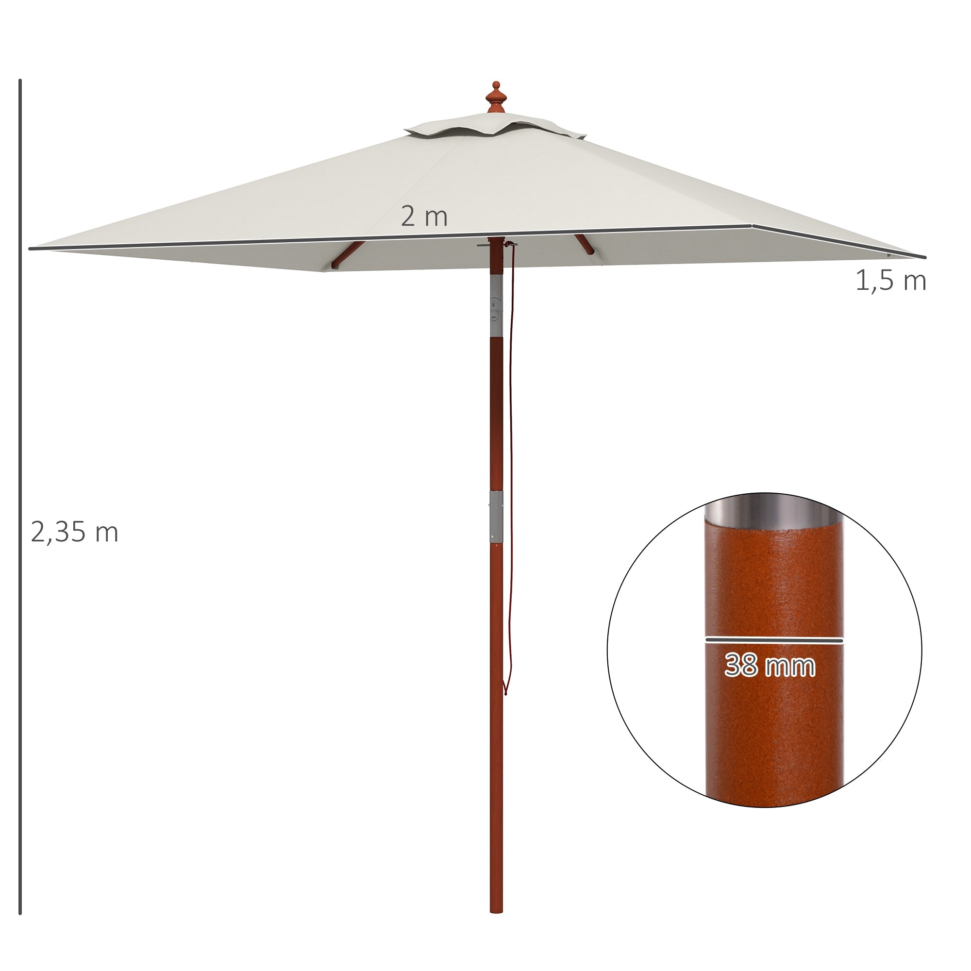 Outsunny Sombrilla Terraza Exterior 200x150 cm Sombrilla de Jardín Rectangular con Ángulo Ajustable Mástil de Madera y Manivela Parasol para Patio Terraza Beige