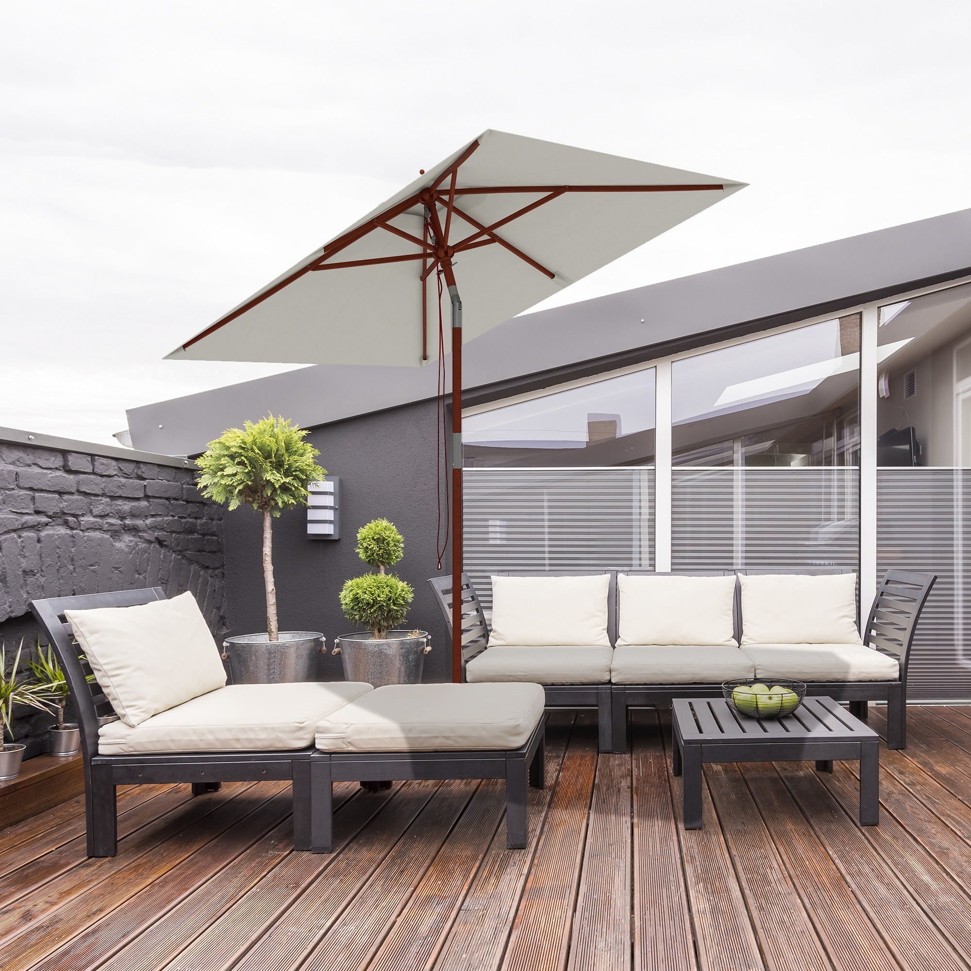 Outsunny Sombrilla Terraza Exterior 200x150 cm Sombrilla de Jardín Rectangular con Ángulo Ajustable Mástil de Madera y Manivela Parasol para Patio Terraza Beige