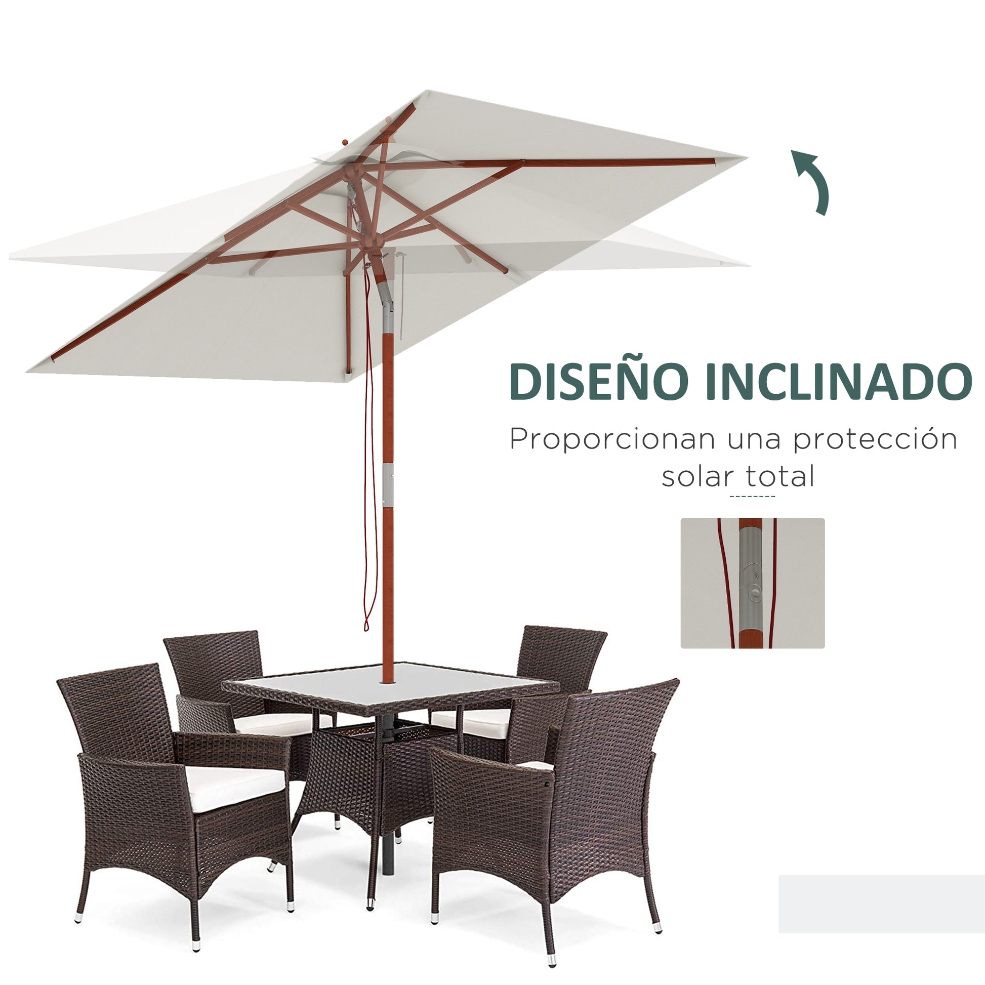 Outsunny Sombrilla Terraza Exterior 200x150 cm Sombrilla de Jardín Rectangular con Ángulo Ajustable Mástil de Madera y Manivela Parasol para Patio Terraza Beige