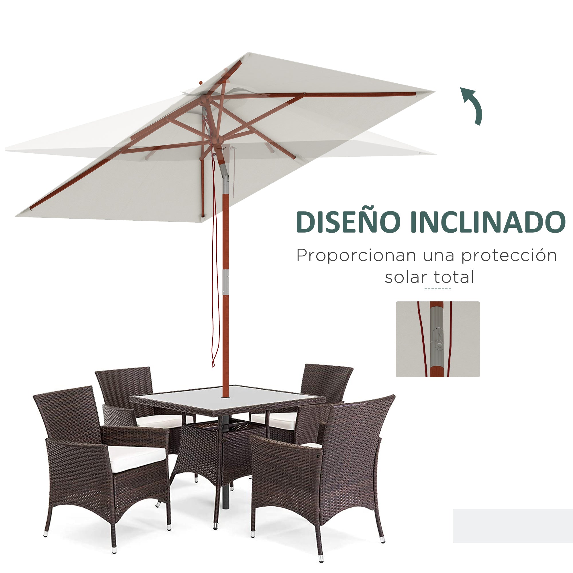 Outsunny Sombrilla Terraza Exterior 200x150 cm Sombrilla de Jardín Rectangular con Ángulo Ajustable Mástil de Madera y Manivela Parasol para Patio Terraza Beige