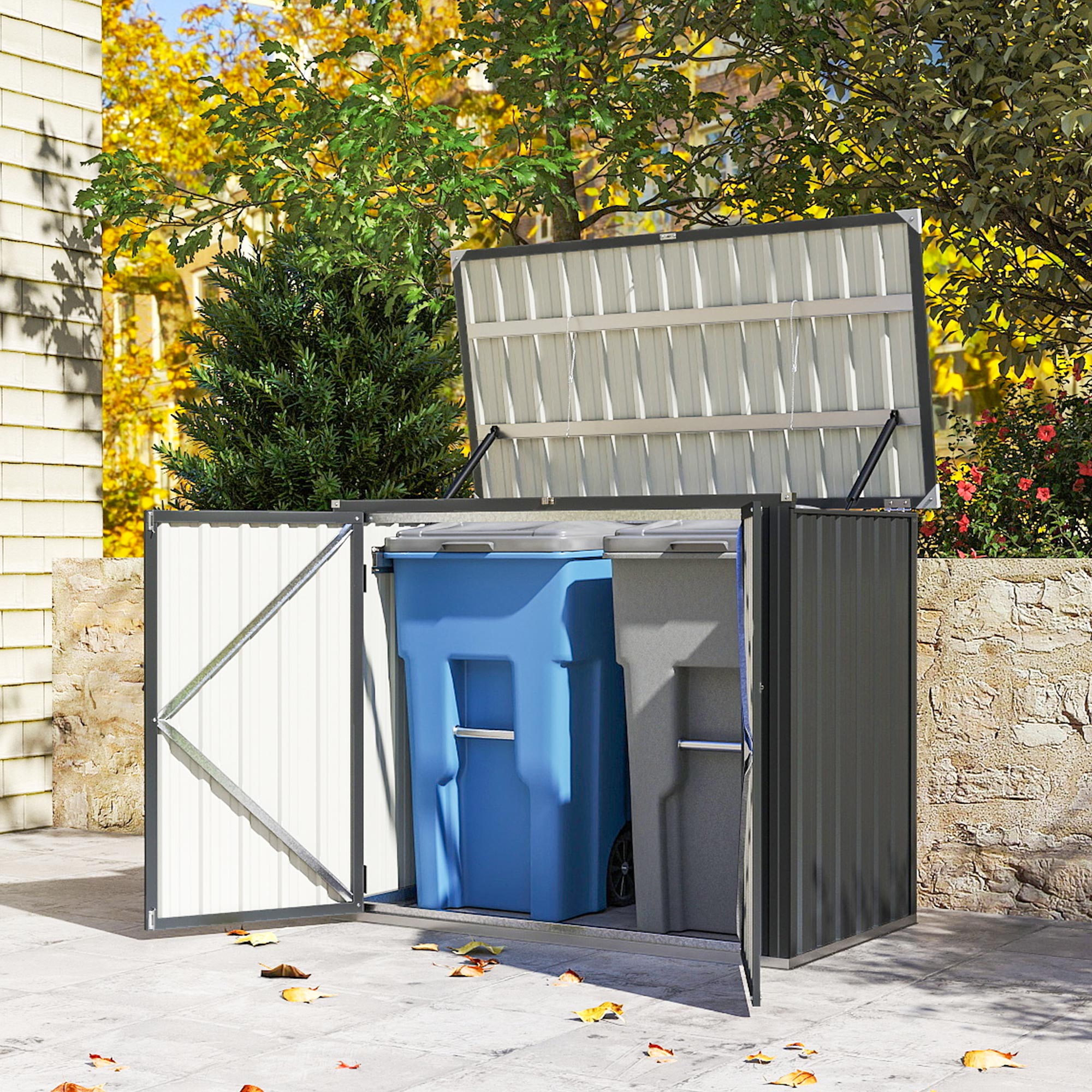 Outsunny Cobertizo para Contenedor de Basura Doble, Caseta para Cubo de Basura de 240L de Acero Galvanizado con Tapa Abatible y Puertas con Cerradura, para Jardín, Exterior, 150x80x117 cm, Gris Oscuro