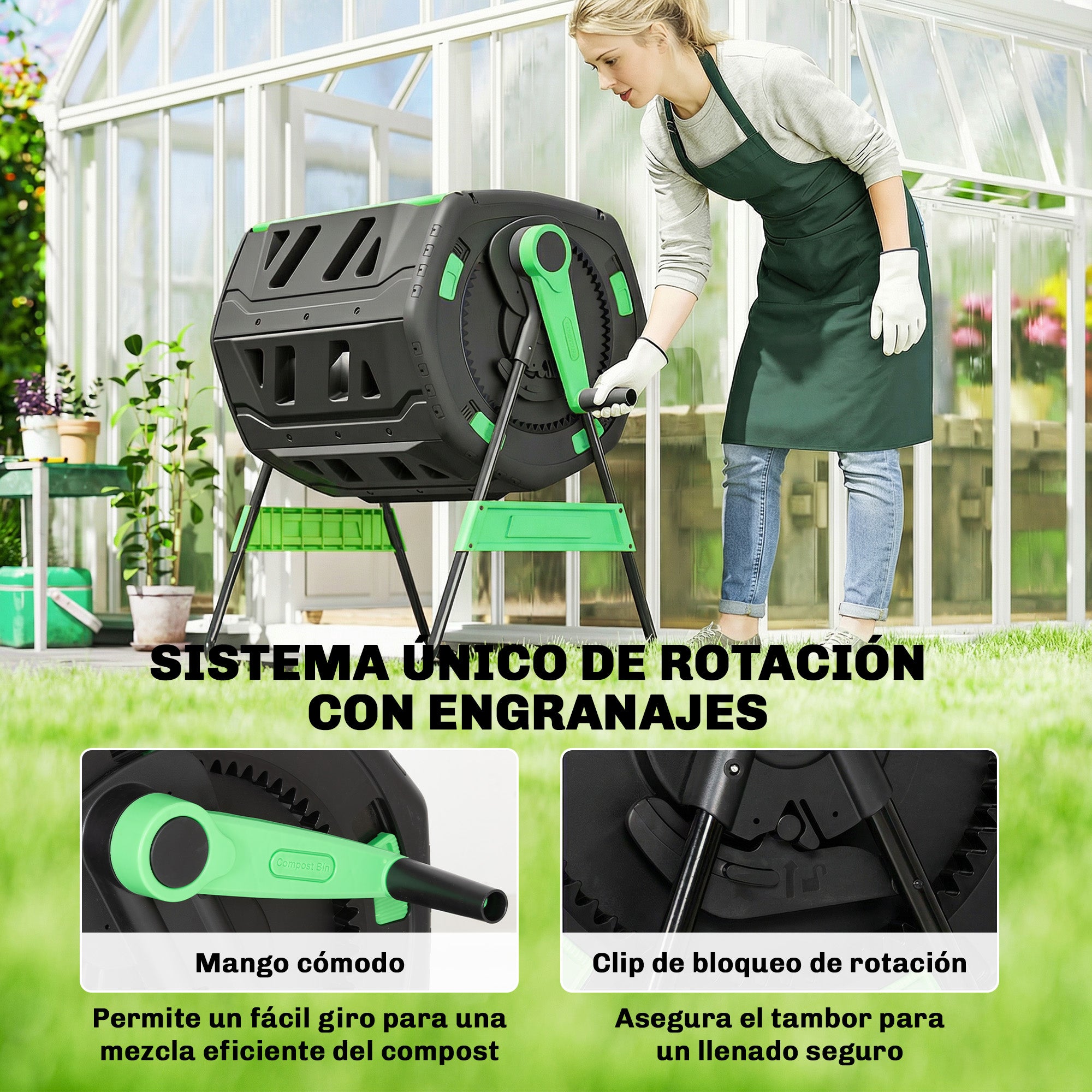 Outsunny Compostador Giratorio de 200L, Contenedor de Compostaje de Jardín de Doble Cámara, Sin BPA, Compostadora con Aberturas de Ventilación, 2 Puertas Deslizantes y Patas de Metal, Verde