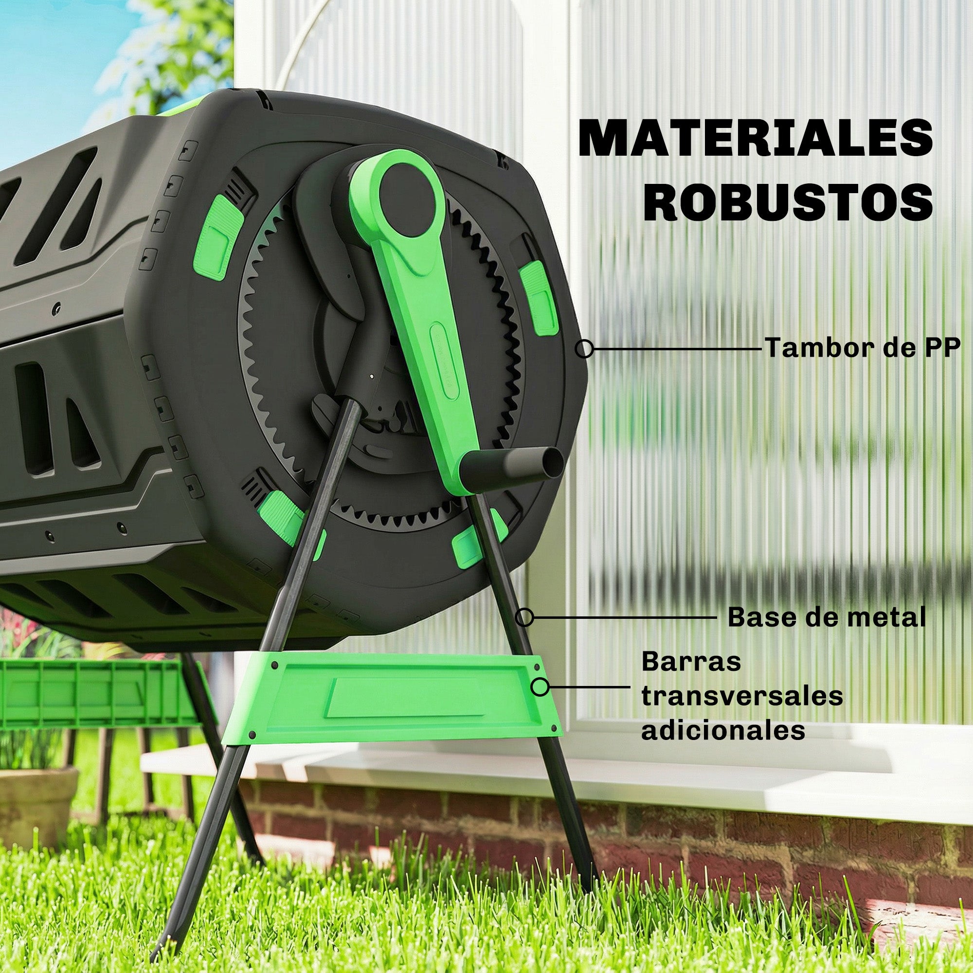 Outsunny Compostador Giratorio de 200L, Contenedor de Compostaje de Jardín de Doble Cámara, Sin BPA, Compostadora con Aberturas de Ventilación, 2 Puertas Deslizantes y Patas de Metal, Verde