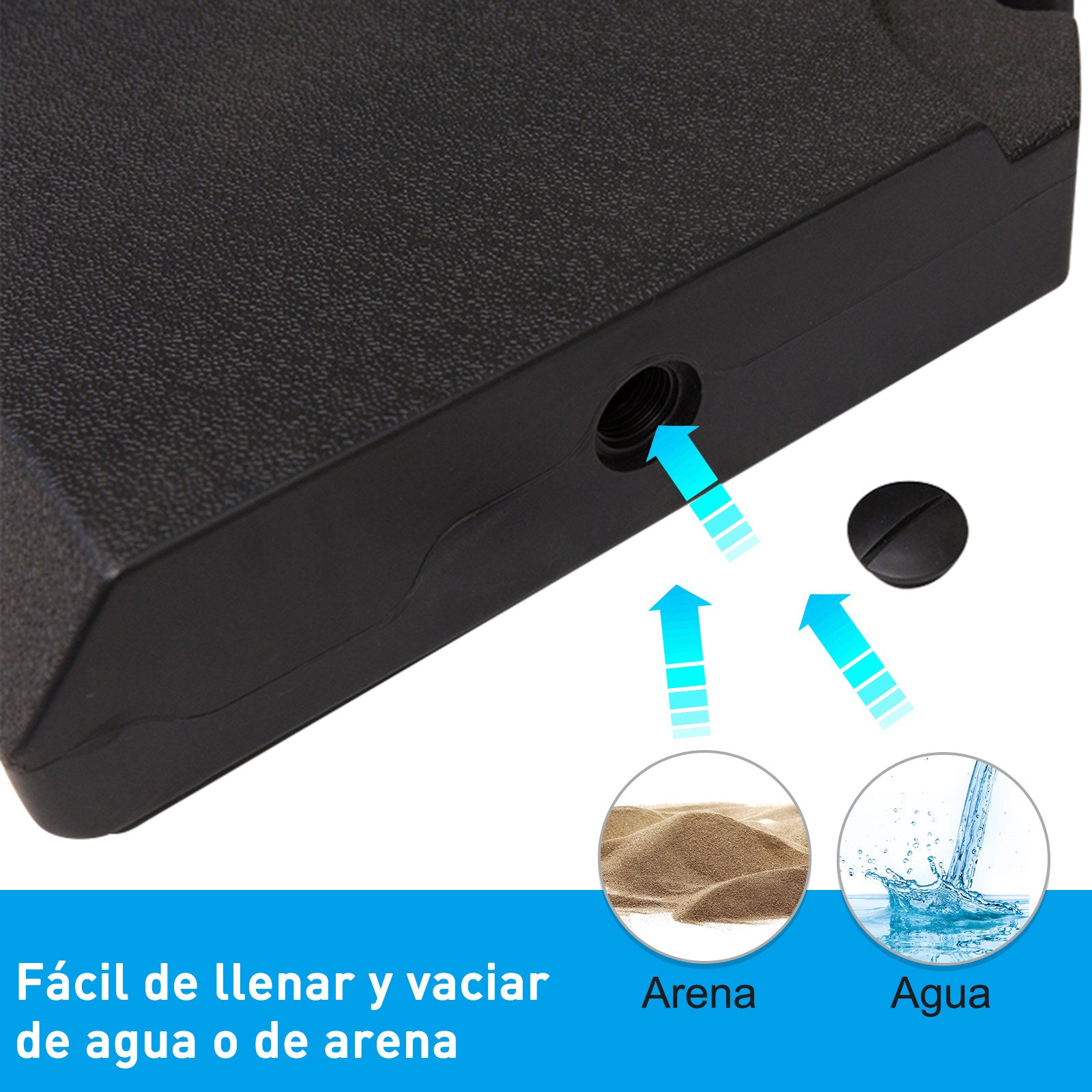 Outsunny Set de 4 Piezas Soporte de Parasol Base para Sombrilla Terreza o Jardín Rellenable de 80 kg de Agua o 120 kg de Arena Estable 100x100x9,5 cm Negro