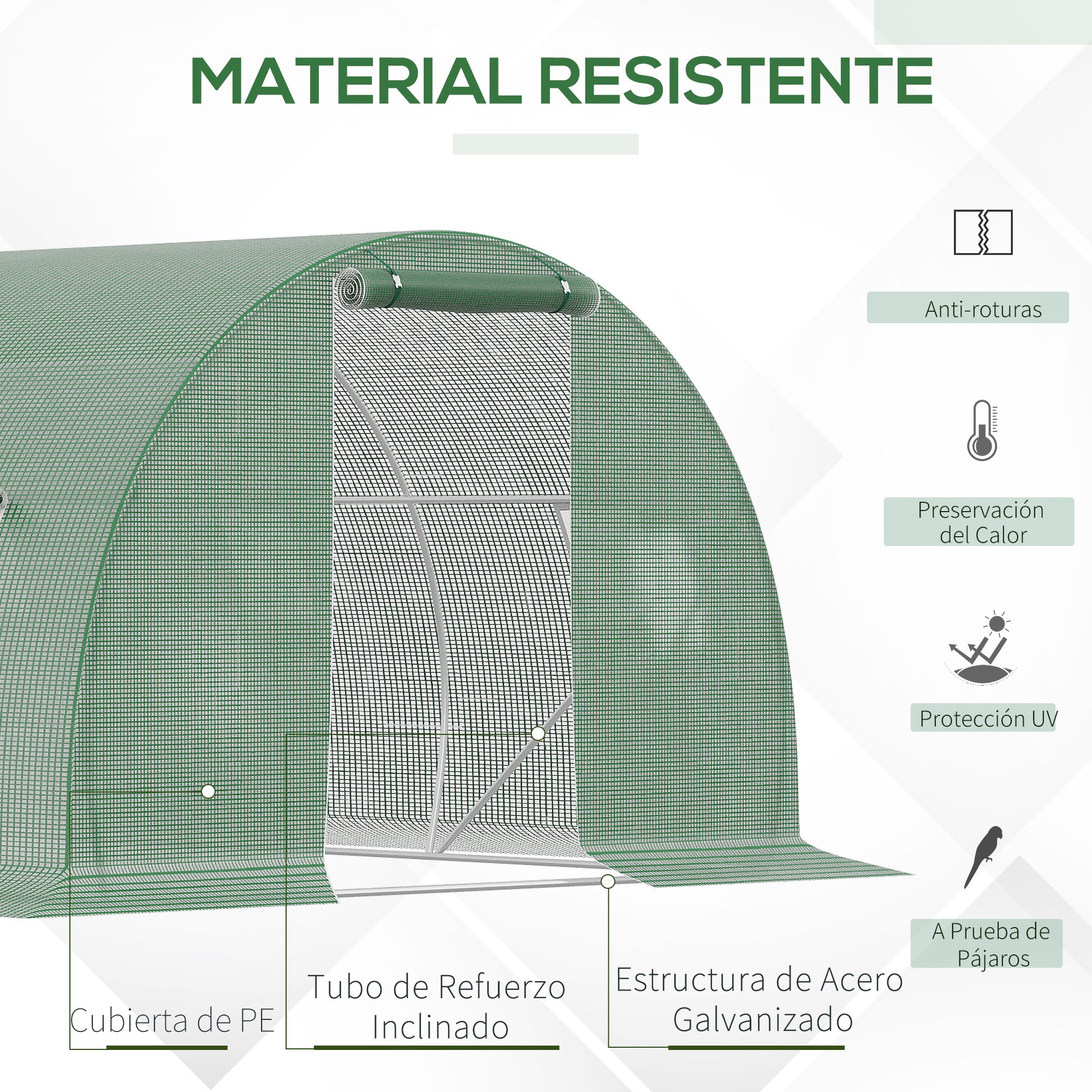 Outsunny Invernadero de Exterior 4,5x3x2 m Invernadero de Túnel con Paredes Laterales Enrollables 6 Ventanas de Malla y Puerta Enrollable con Cremallera Invernadero para Jardín Patio Verde