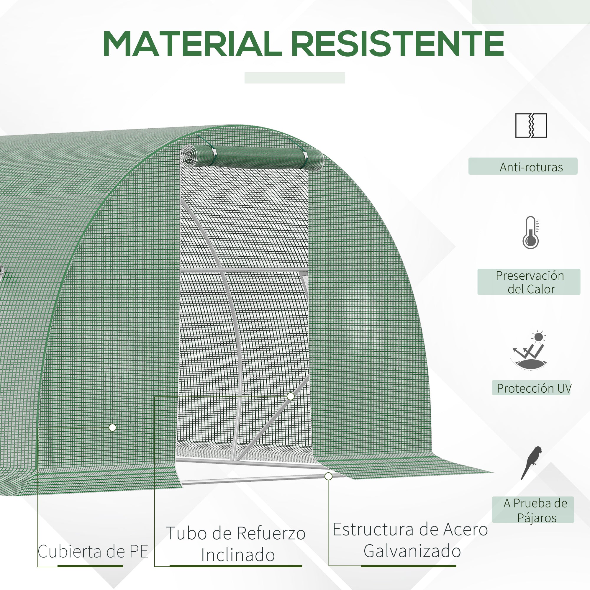 Outsunny Invernadero de Exterior 4,5x3x2 m Invernadero de Túnel con Paredes Laterales Enrollables 6 Ventanas de Malla y Puerta Enrollable con Cremallera Invernadero para Jardín Patio Verde