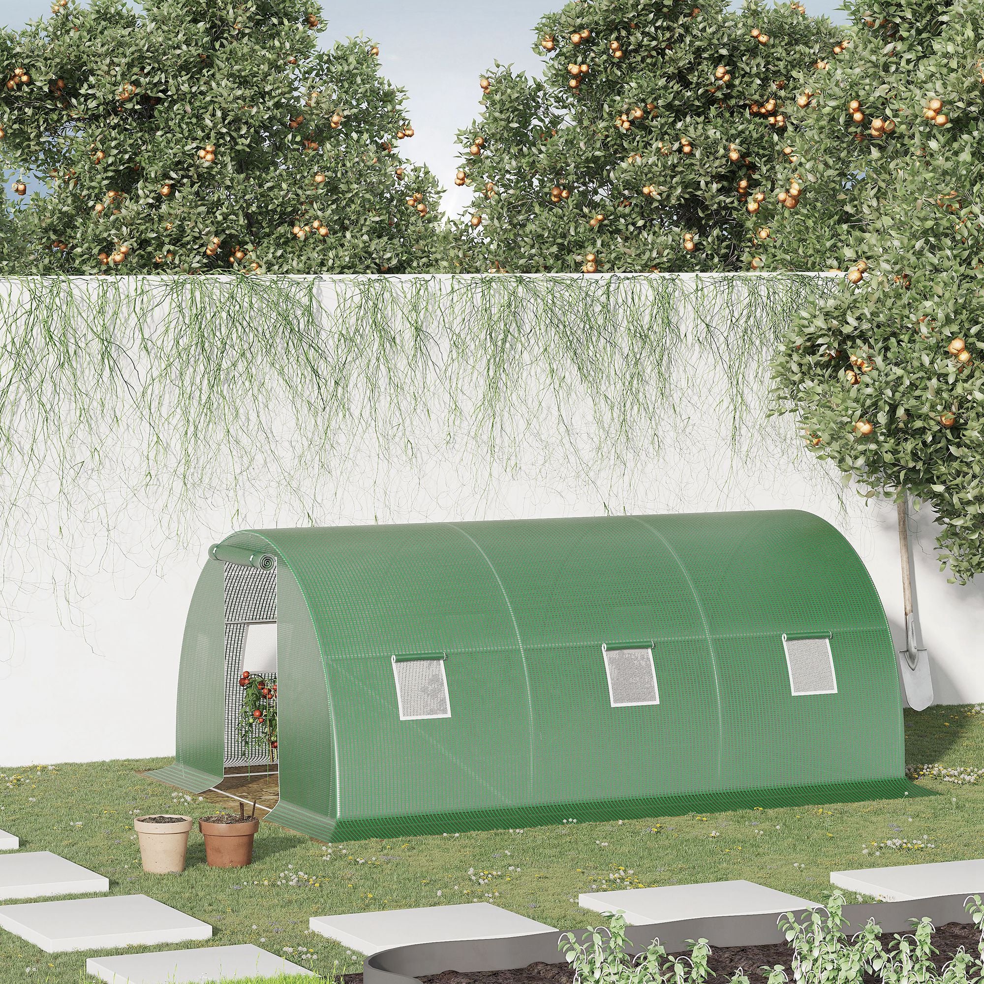 Outsunny Invernadero de Exterior 4,5x3x2 m Invernadero de Túnel con Paredes Laterales Enrollables 6 Ventanas de Malla y Puerta Enrollable con Cremallera Invernadero para Jardín Patio Verde