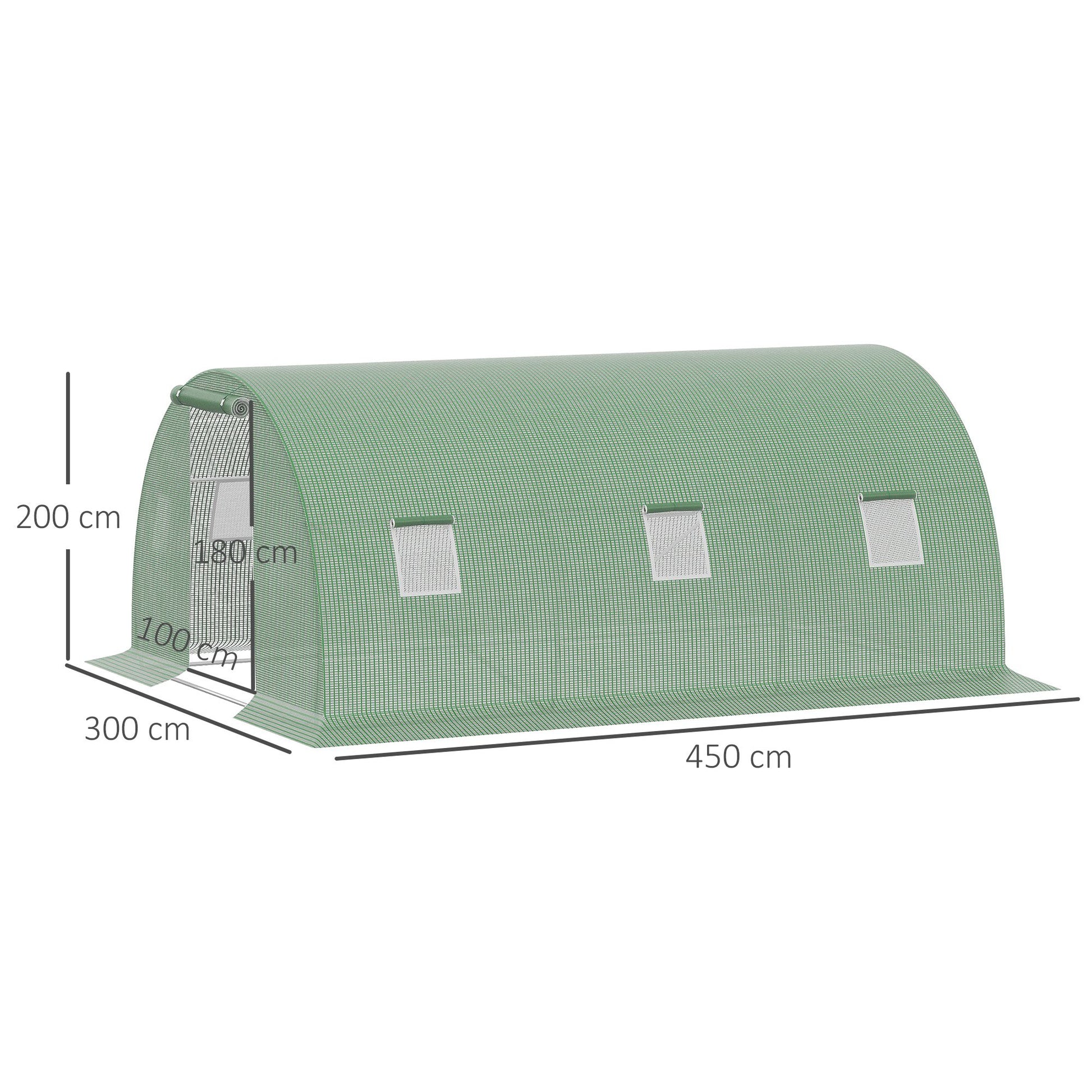 Outsunny Invernadero de Exterior 4,5x3x2 m Invernadero de Túnel con Paredes Laterales Enrollables 6 Ventanas de Malla y Puerta Enrollable con Cremallera Invernadero para Jardín Patio Verde