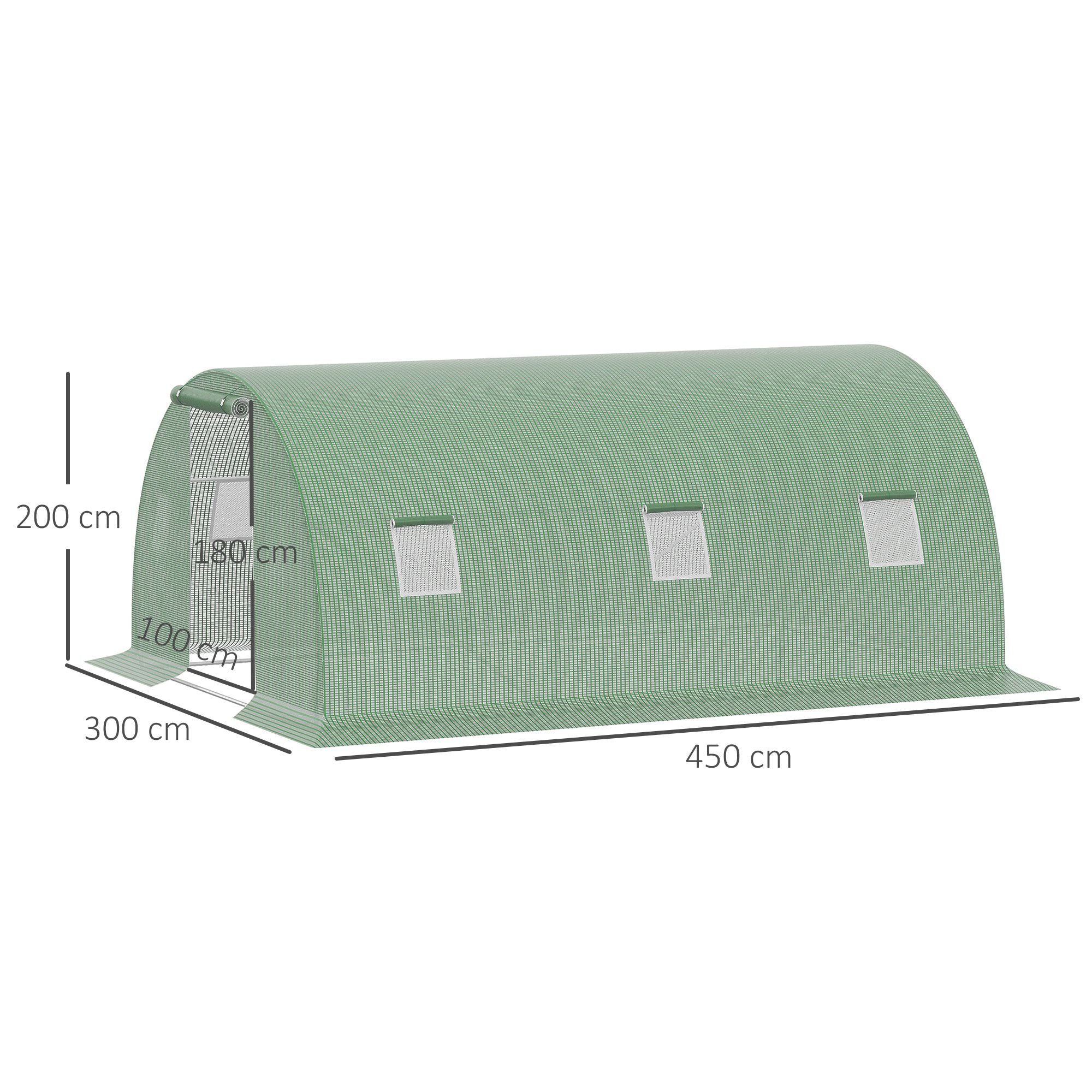 Outsunny Invernadero de Exterior 4,5x3x2 m Invernadero de Túnel con Paredes Laterales Enrollables 6 Ventanas de Malla y Puerta Enrollable con Cremallera Invernadero para Jardín Patio Verde