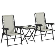 Outsunny Conjunto de Mesa y Sillas de Terraza Exterior de 3 Piezas Muebles de Jardín Exterior Plegables con Estructura de Acero y Portavasos para Patio Crema