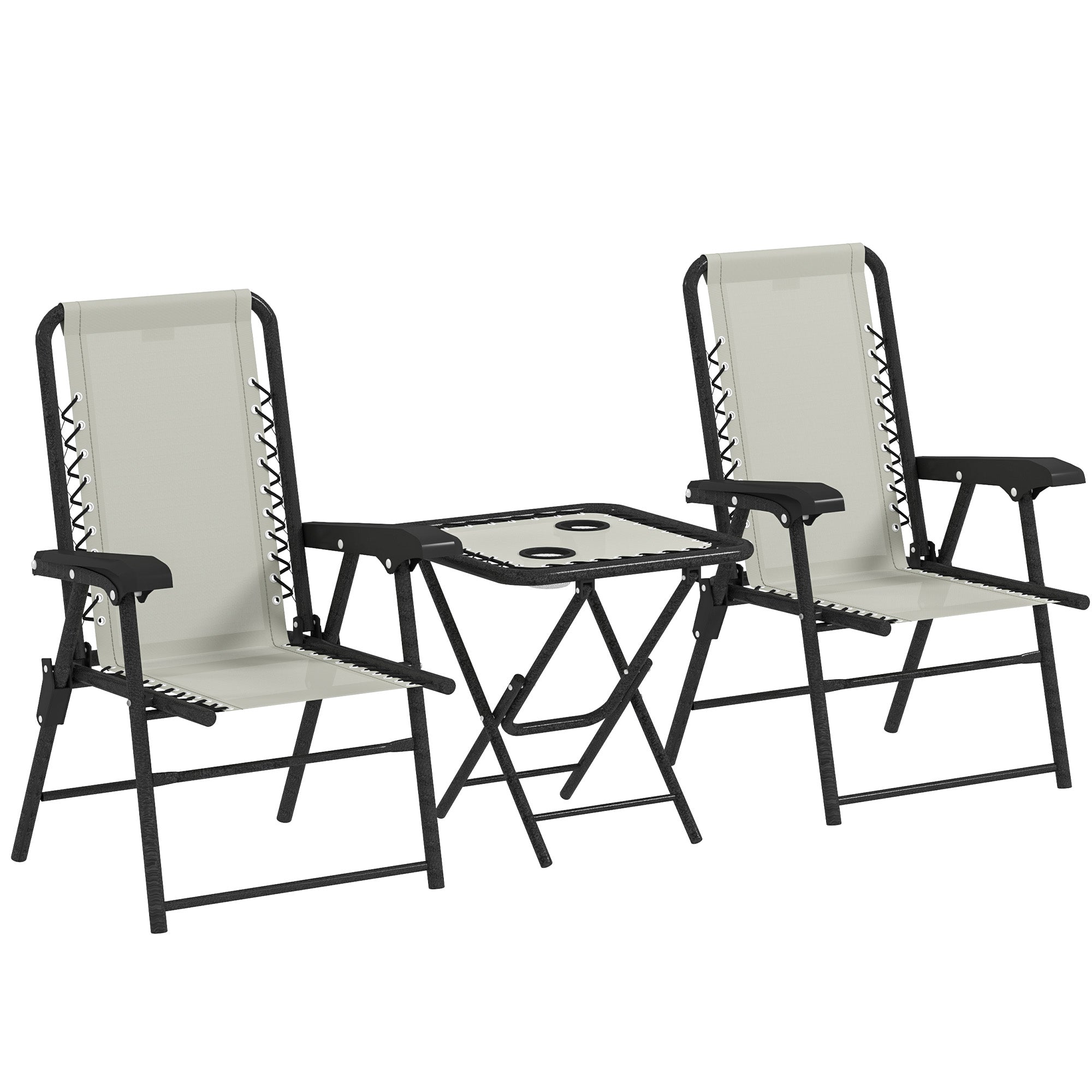 Outsunny Conjunto de Mesa y Sillas de Terraza Exterior de 3 Piezas Muebles de Jardín Exterior Plegables con Estructura de Acero y Portavasos para Patio Crema