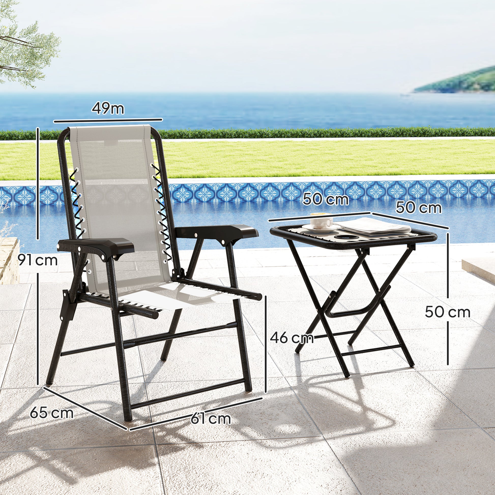 Outsunny Conjunto de Mesa y Sillas de Terraza Exterior de 3 Piezas Muebles de Jardín Exterior Plegables con Estructura de Acero y Portavasos para Patio Crema