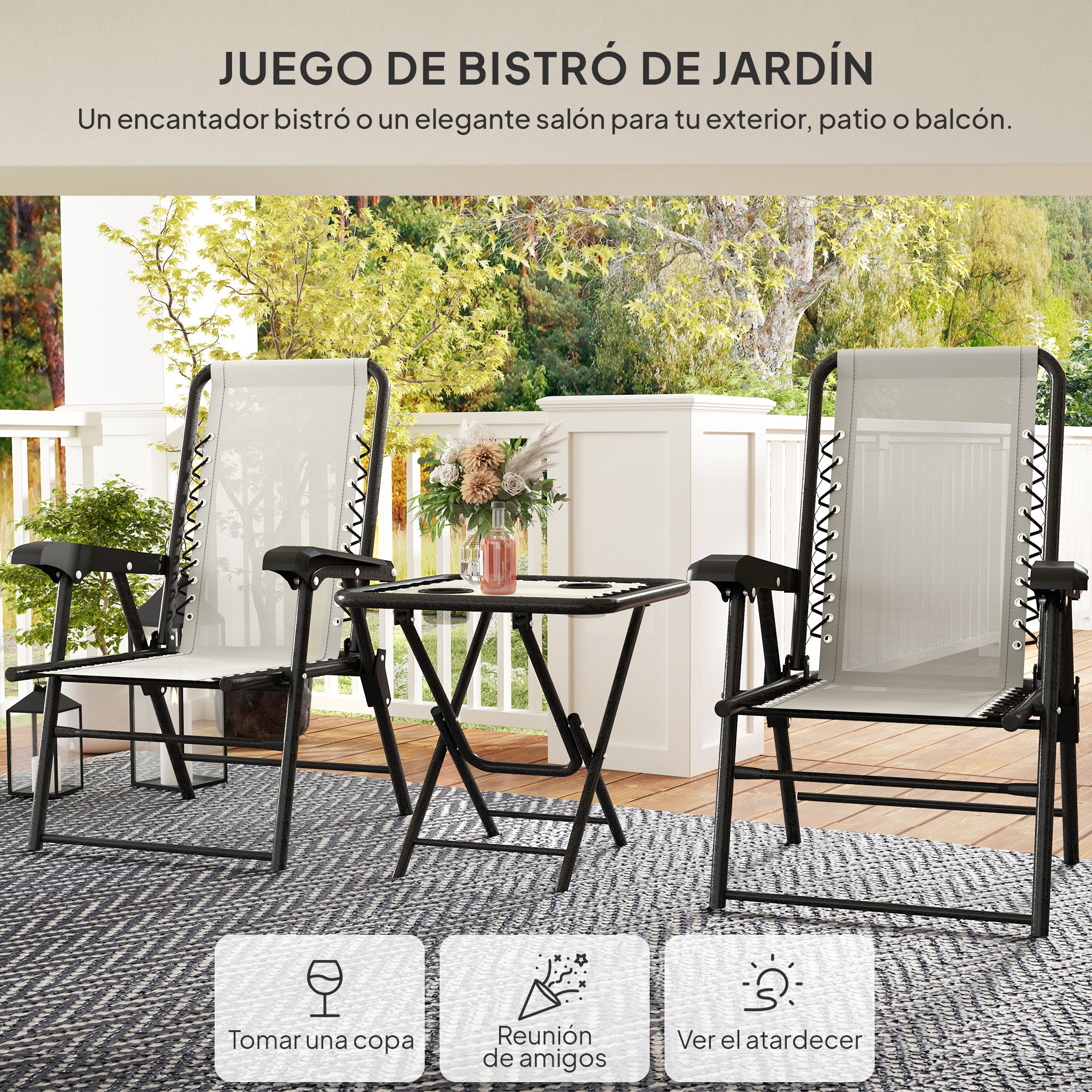 Outsunny Conjunto de Mesa y Sillas de Terraza Exterior de 3 Piezas Muebles de Jardín Exterior Plegables con Estructura de Acero y Portavasos para Patio Crema