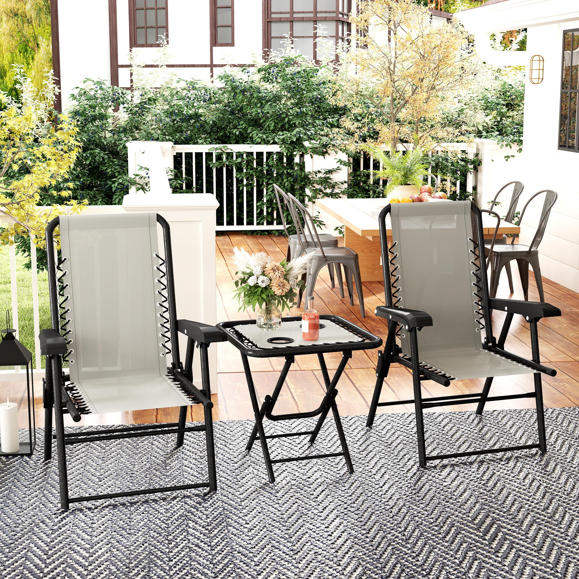 Outsunny Conjunto de Mesa y Sillas de Terraza Exterior de 3 Piezas Muebles de Jardín Exterior Plegables con Estructura de Acero y Portavasos para Patio Crema