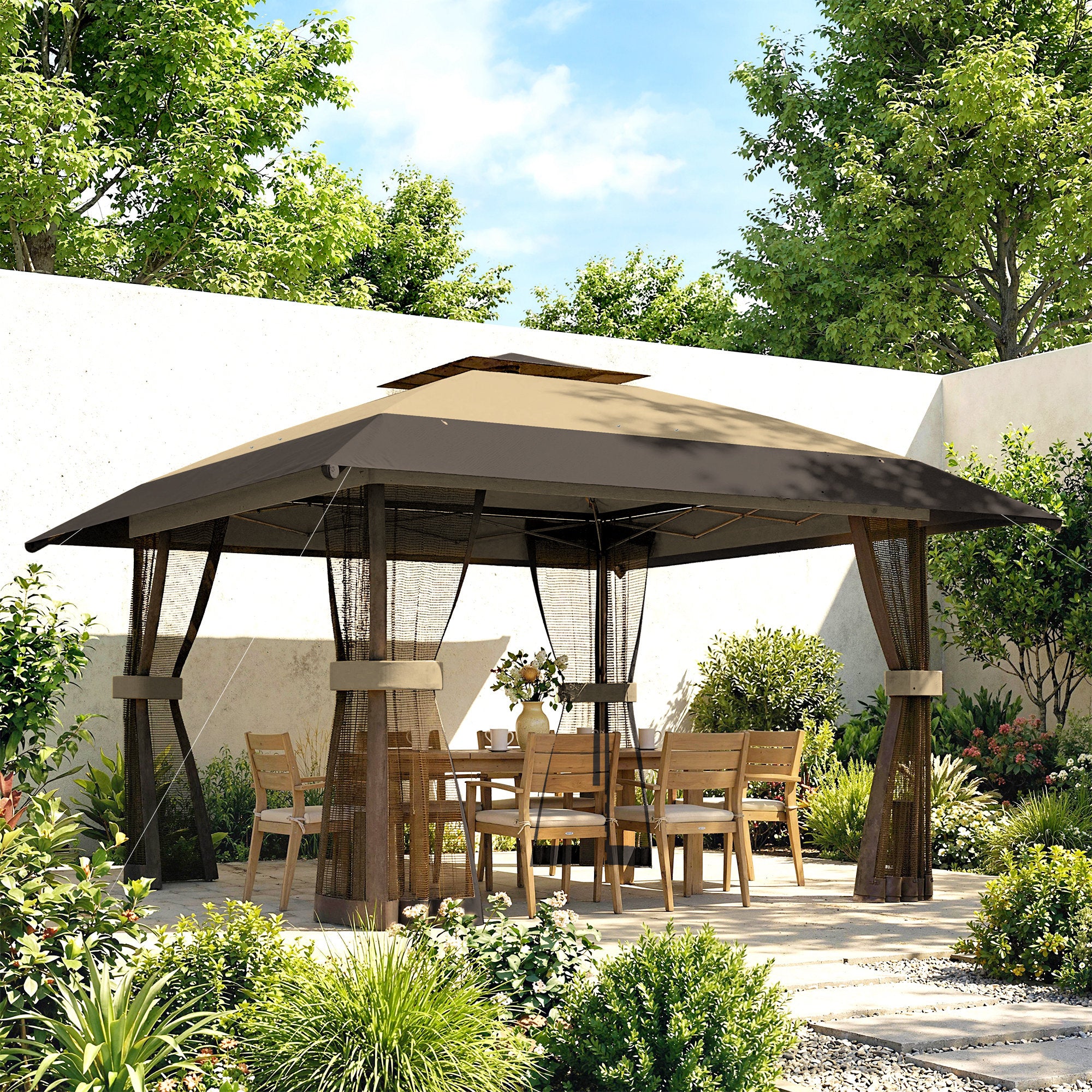 Outsunny Carpa Plegable 4x4 m, Pop-up, con Doble Techo, 4 Paredes Laterales de Malla, Cenador de Jardín con Altura Ajustable 3 Niveles, Bolsa de Transporte, UPF30+, Gazebo para Camping, Fiestas, Caqui