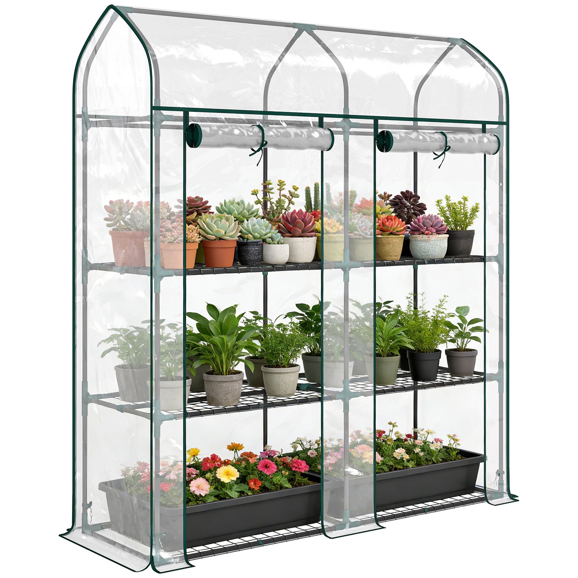 Outsunny Invernadero Pequeño de 3 Niveles, Invernadero de Exterior con 2 Puertas Enrollables, Marco de Acero y Cubierta de Plástico Anti-UV para Cultivar Plantas, Flores, 143x46x165 cm, Transparente